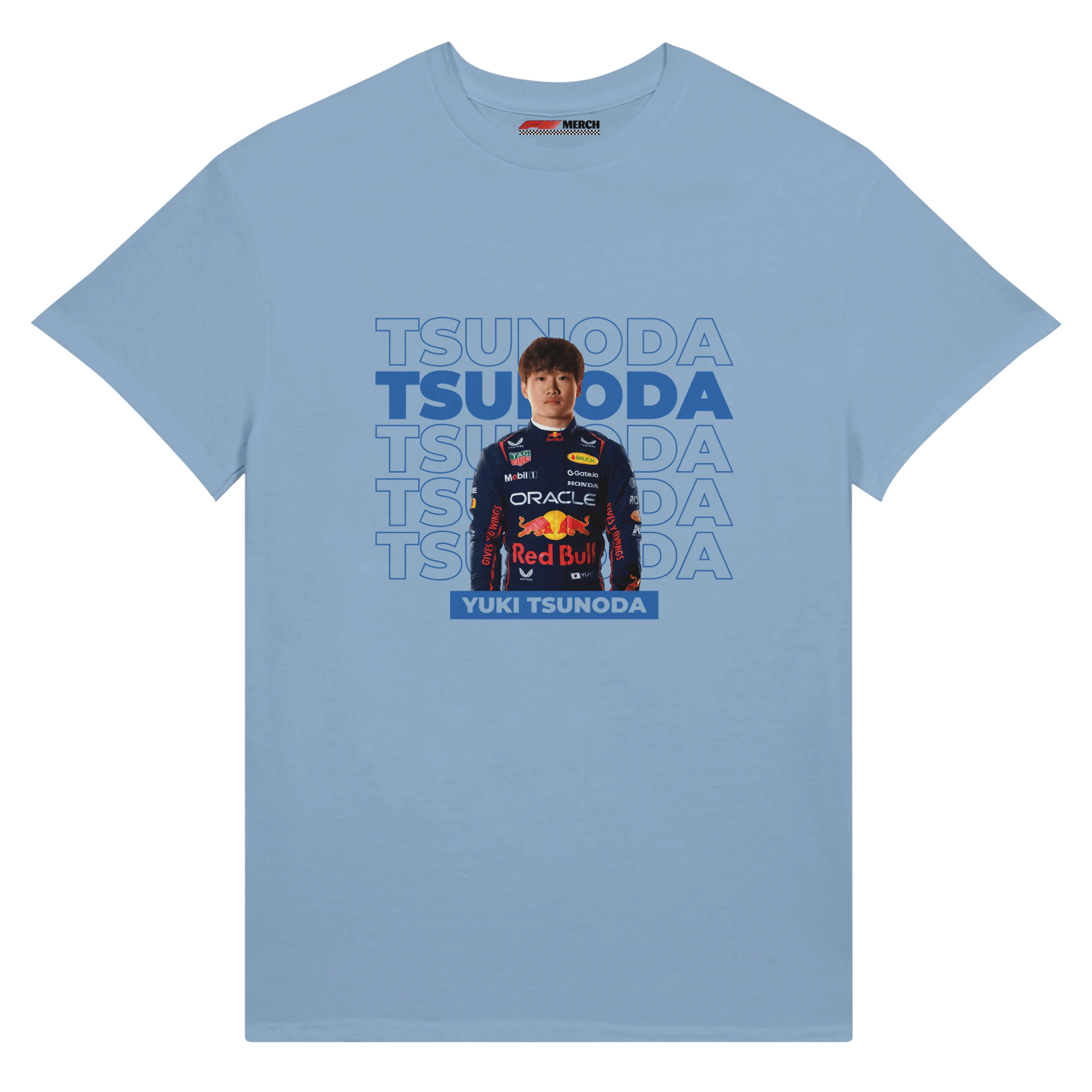 f111 merch light-blue color t-shirt with tsunoda branding.