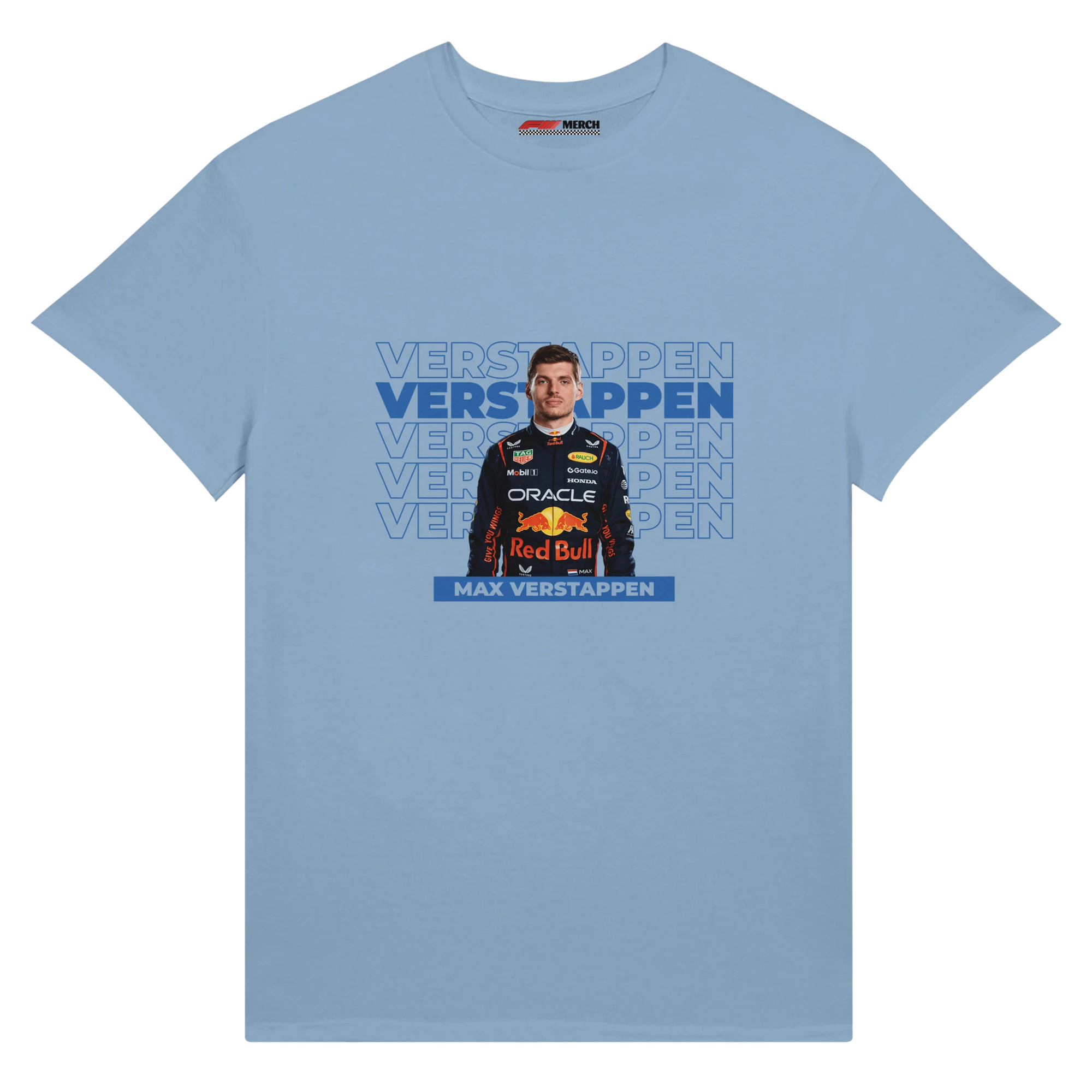f111 merch light-blue color t-shirt with verstappen branding.