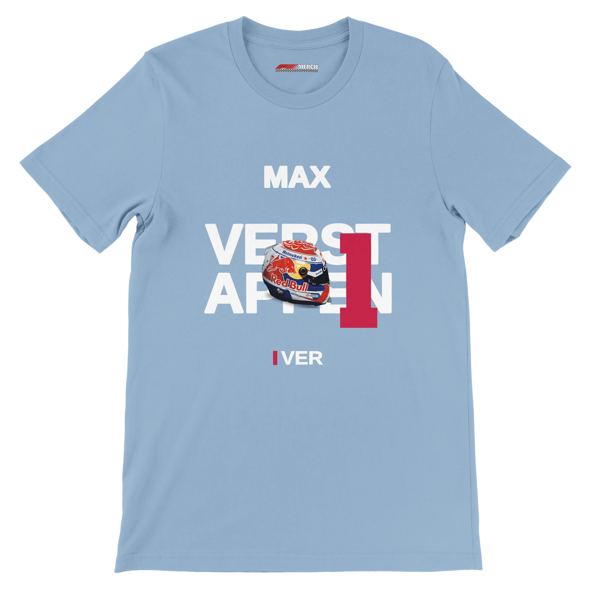 f111 merch light-blue color t-shirt with verstappen branding.