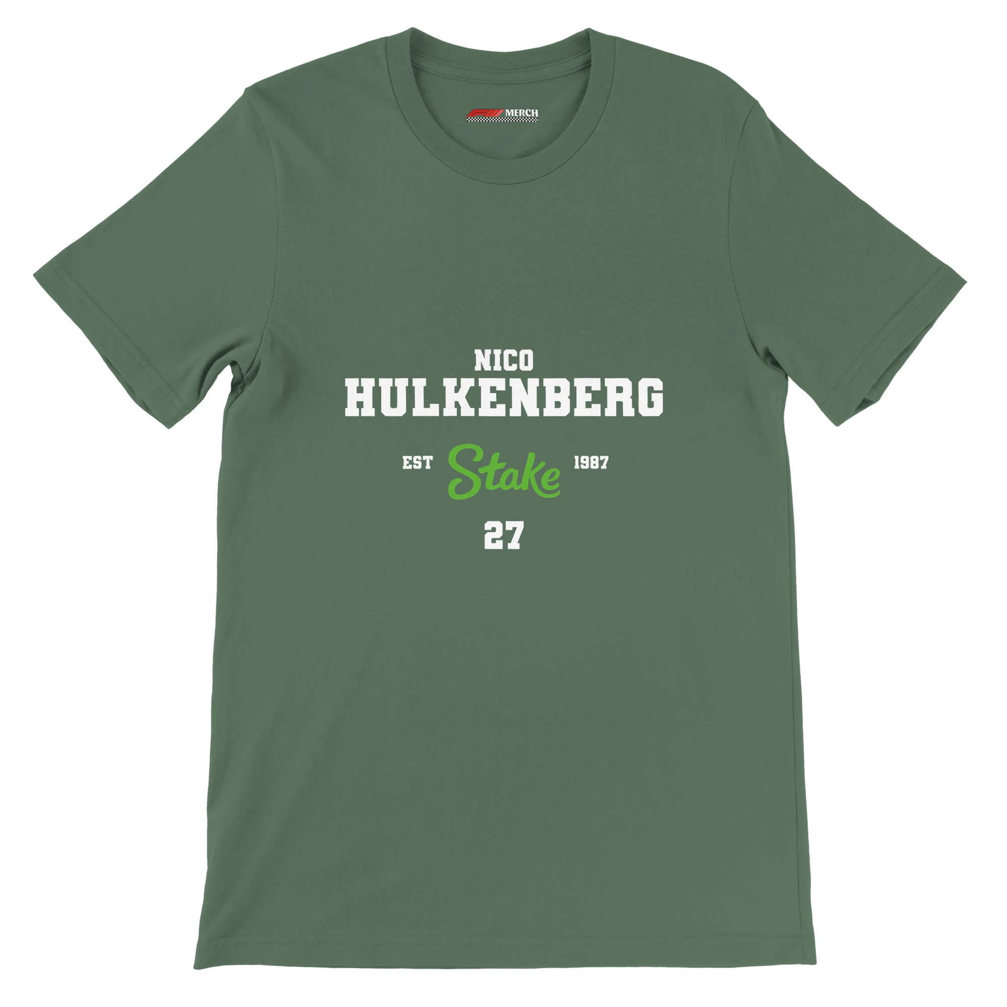 f111 merch military-green color t-shirt with nico-hulkenberg branding.