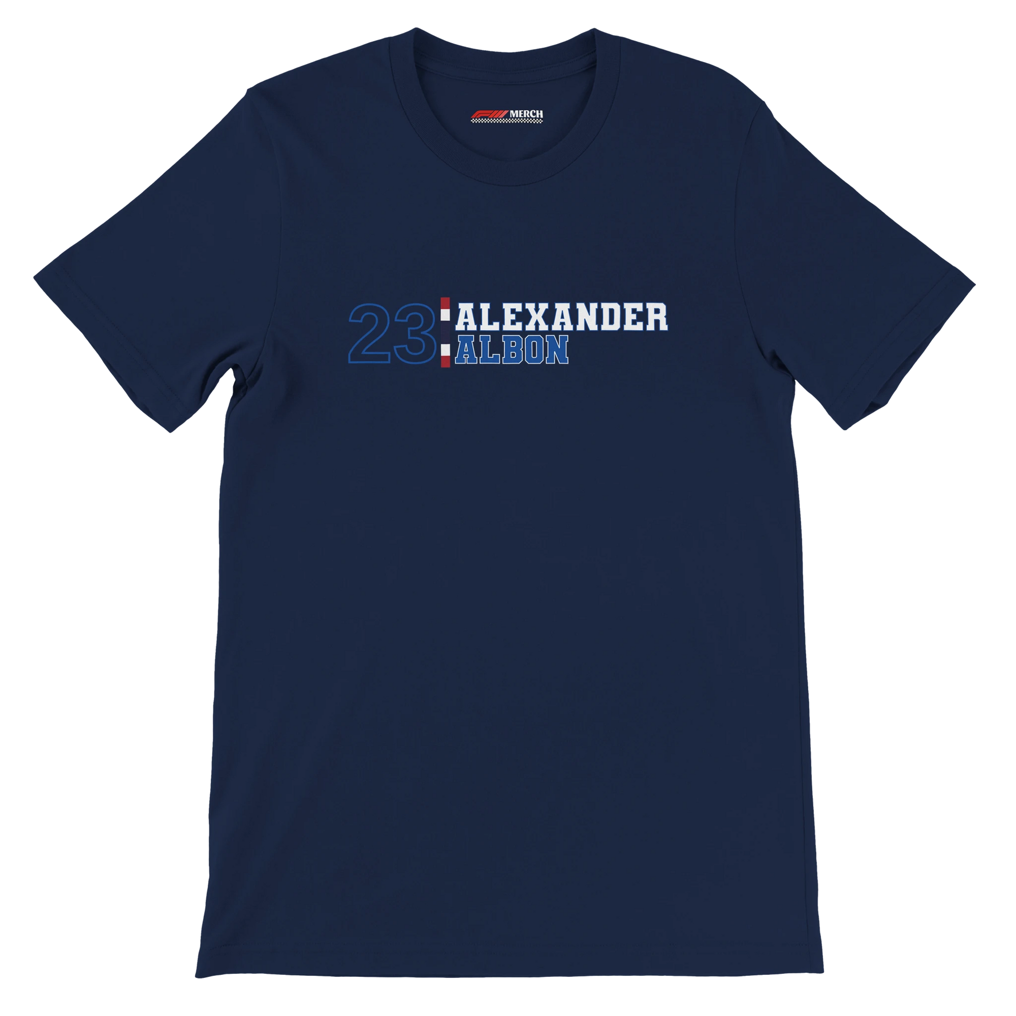 f111 merch navy color t-shirt with alex-albon branding.