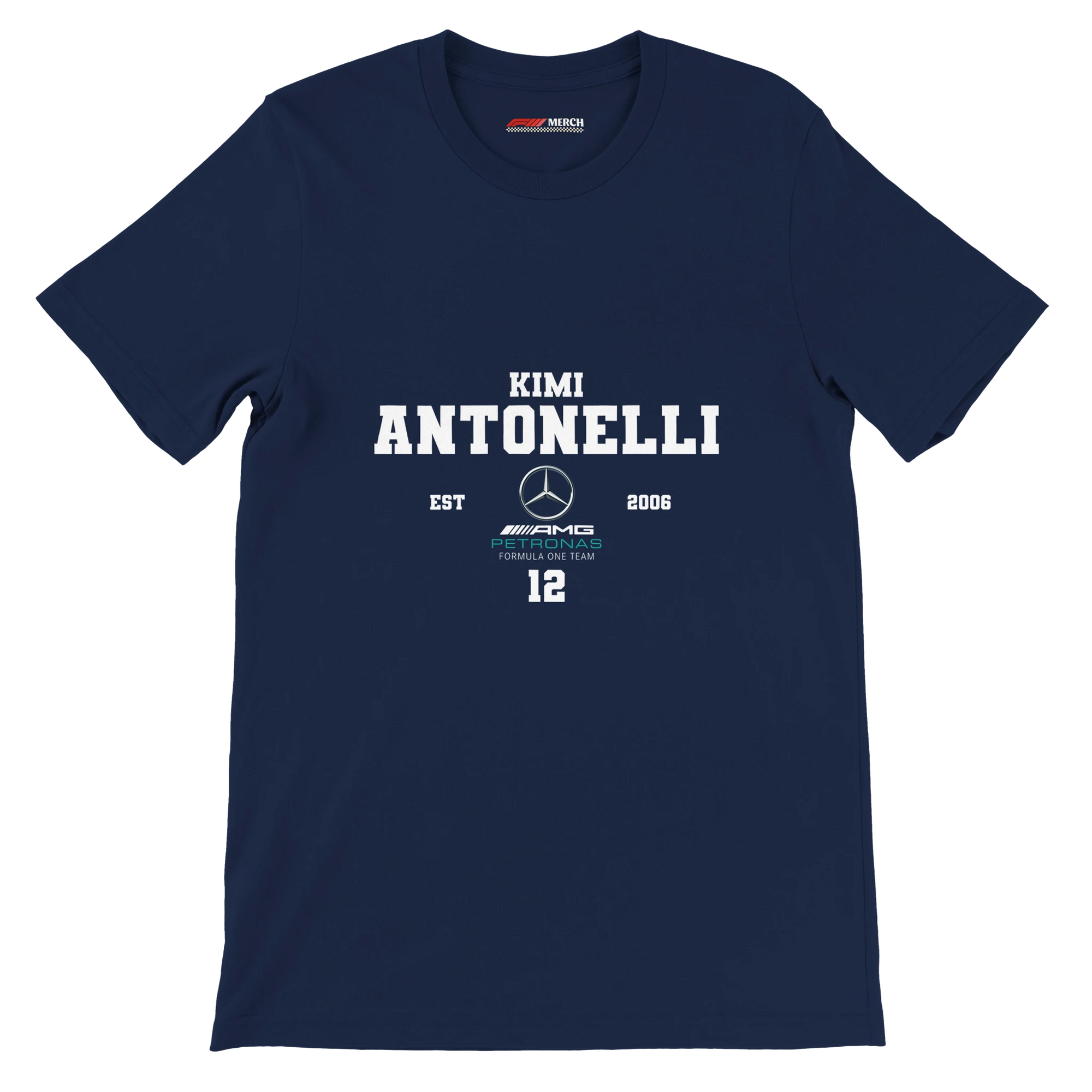 f111 merch navy color t-shirt with antonelli branding.