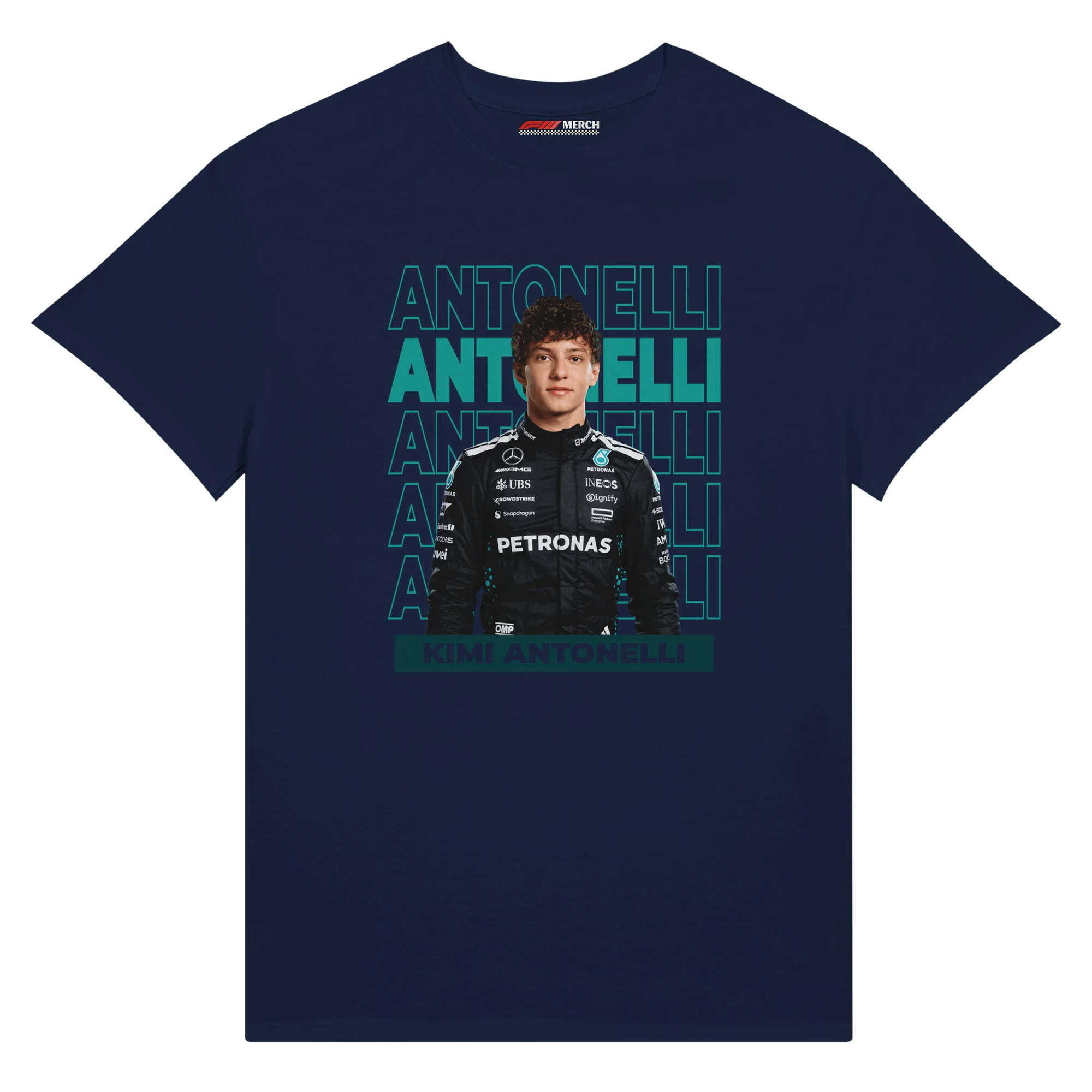 f111 merch navy color t-shirt with antonelli branding.