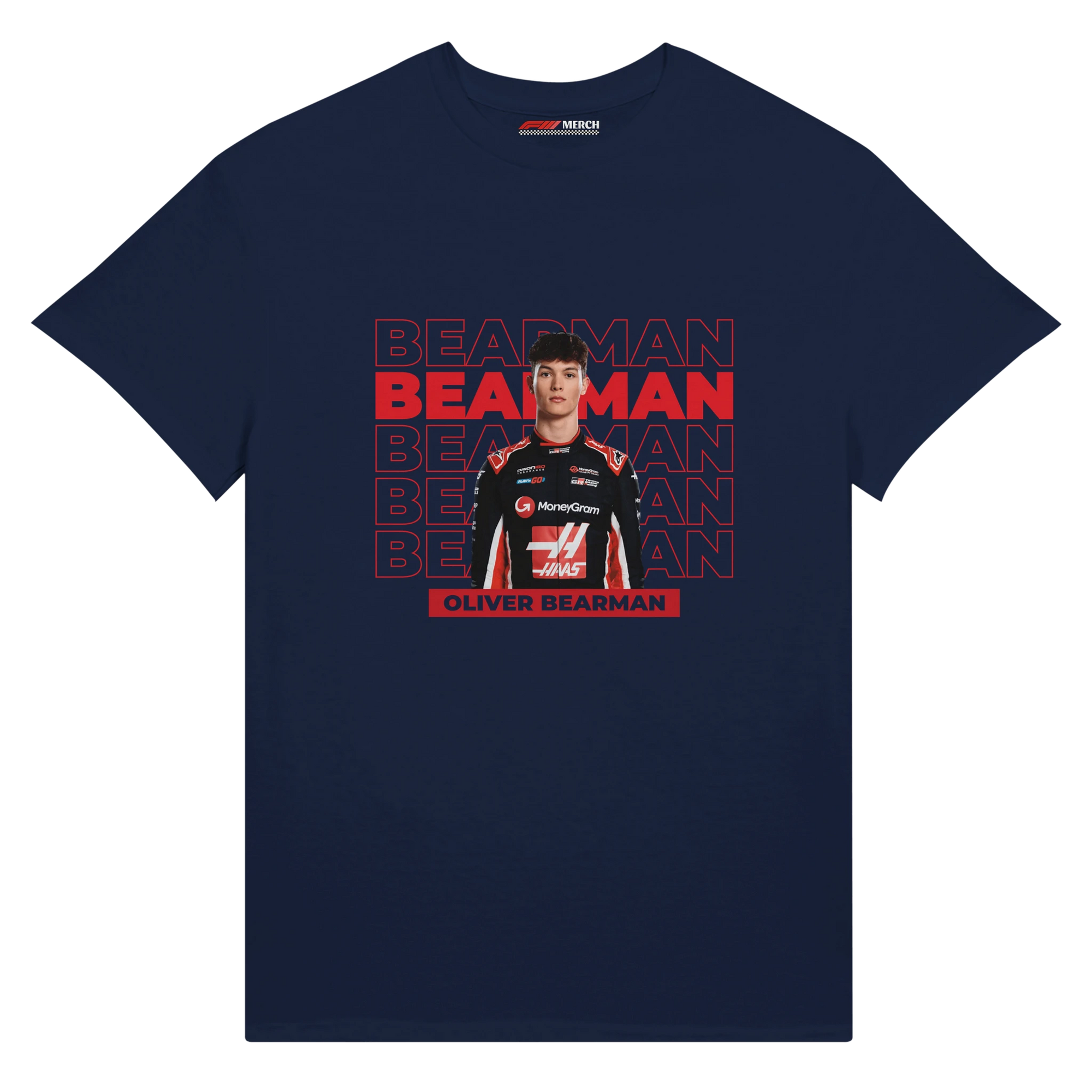 f111 merch navy color t-shirt with bearman branding.