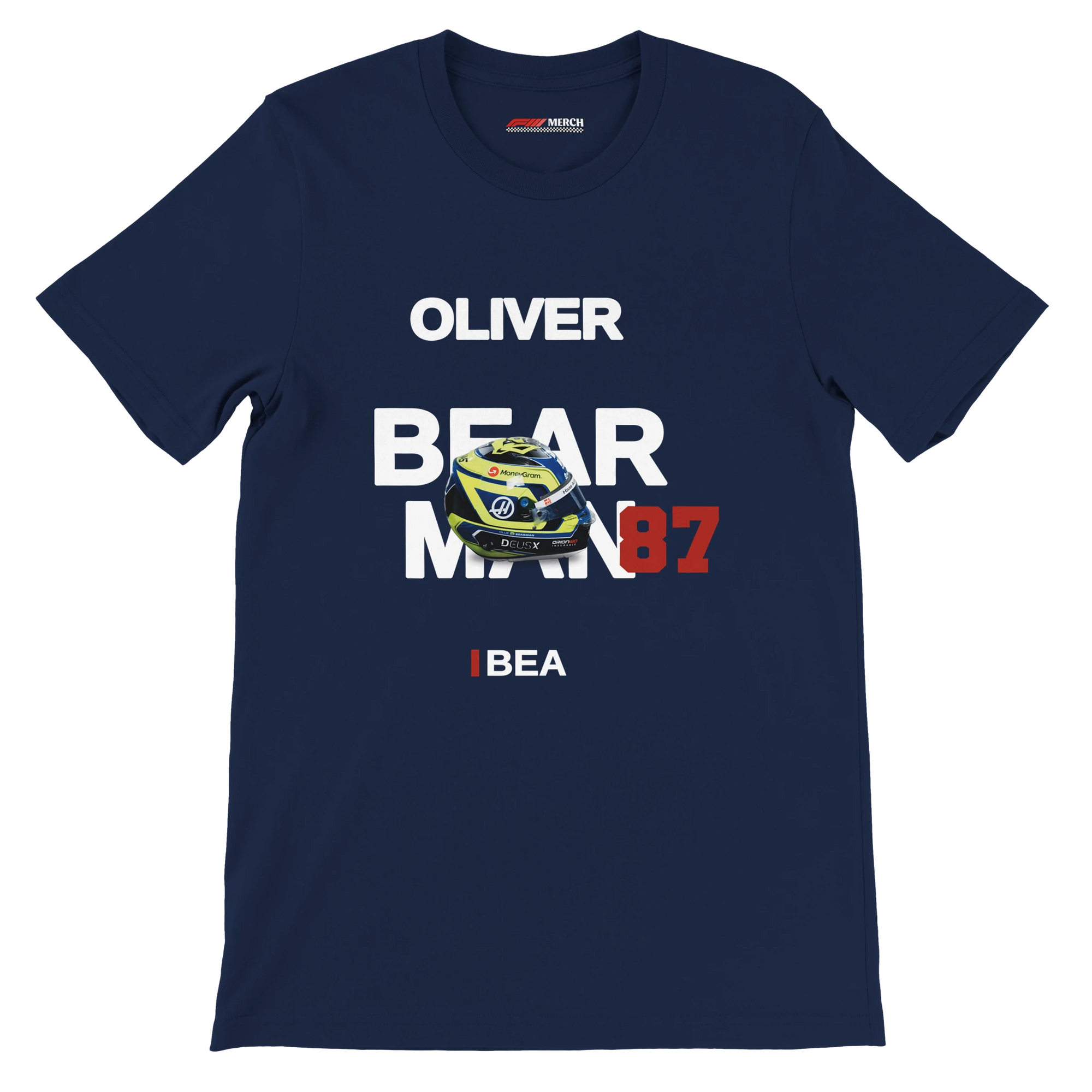 f111 merch navy color t-shirt with bearman branding.