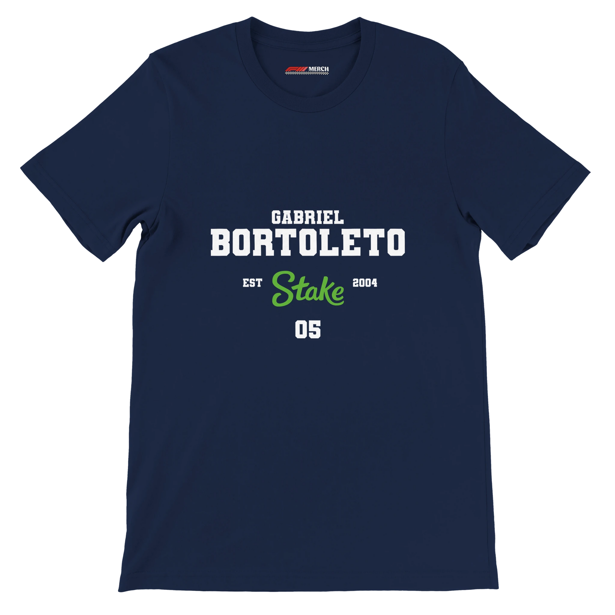 f111 merch navy color t-shirt with bortoleto branding.