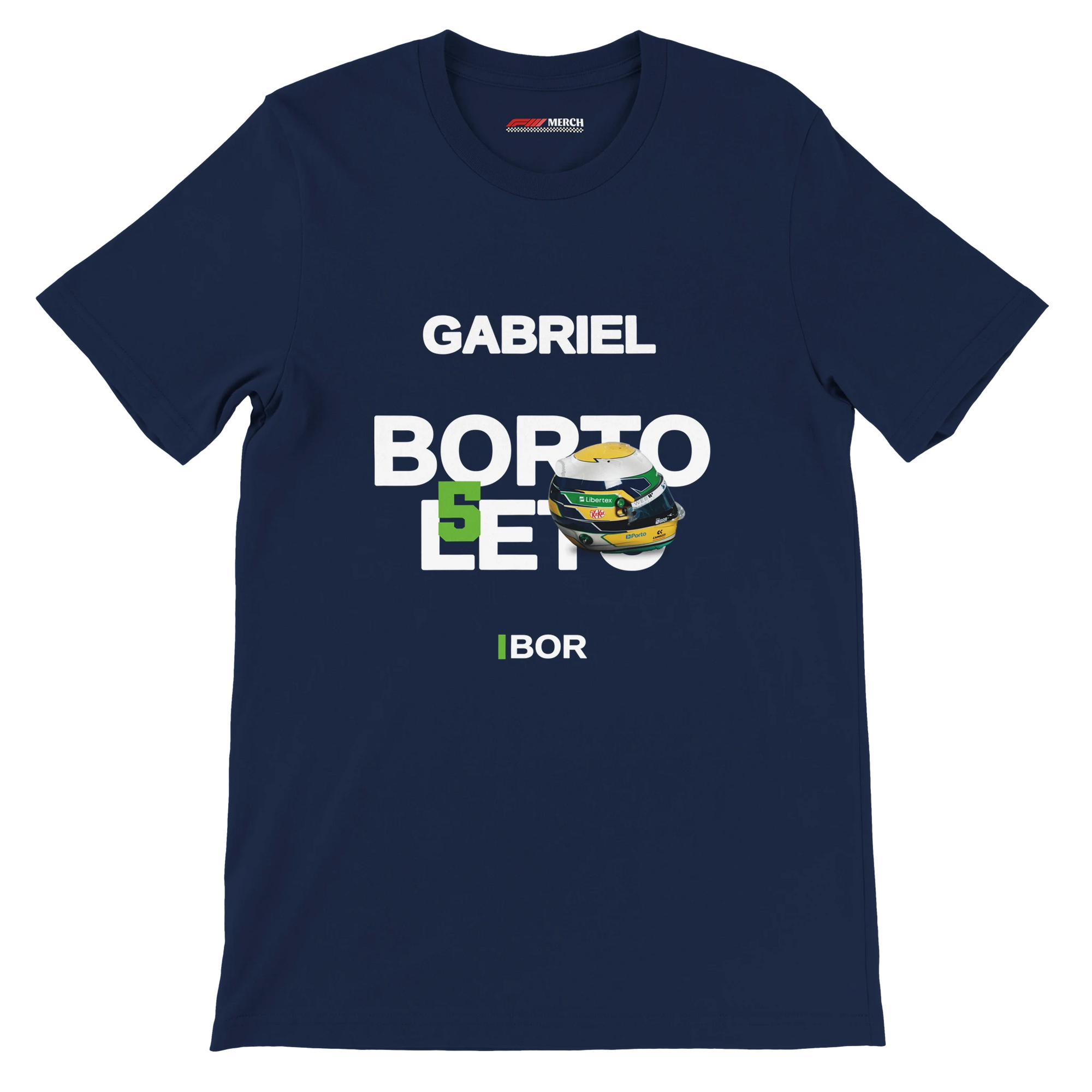 f111 merch navy color t-shirt with bortoleto branding.