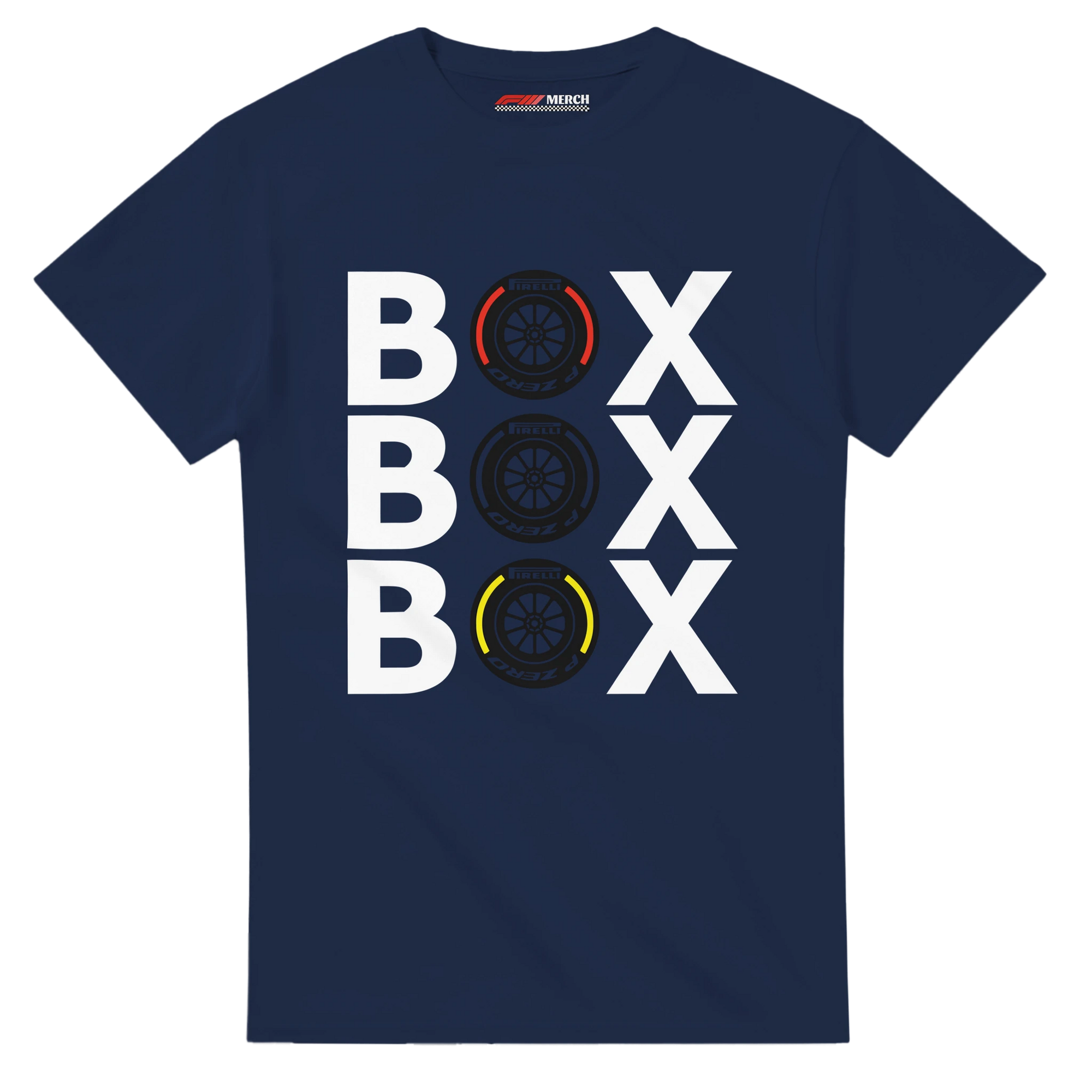 f111 merch navy color t-shirt with box-box-box branding.