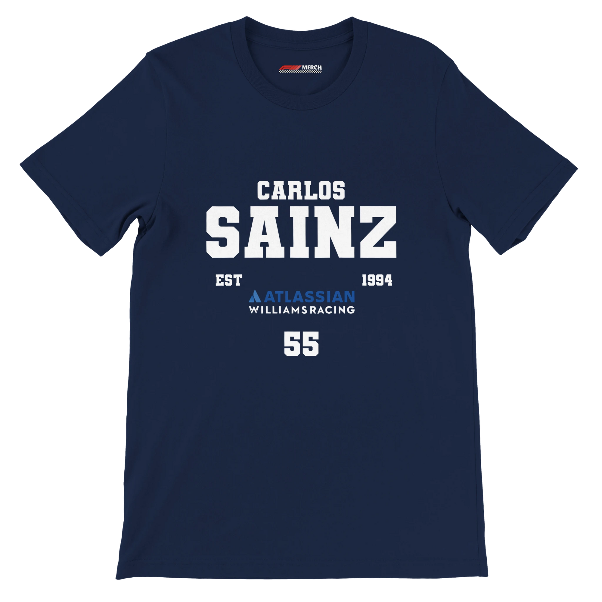 f111 merch navy color t-shirt with carlos-sainz branding.