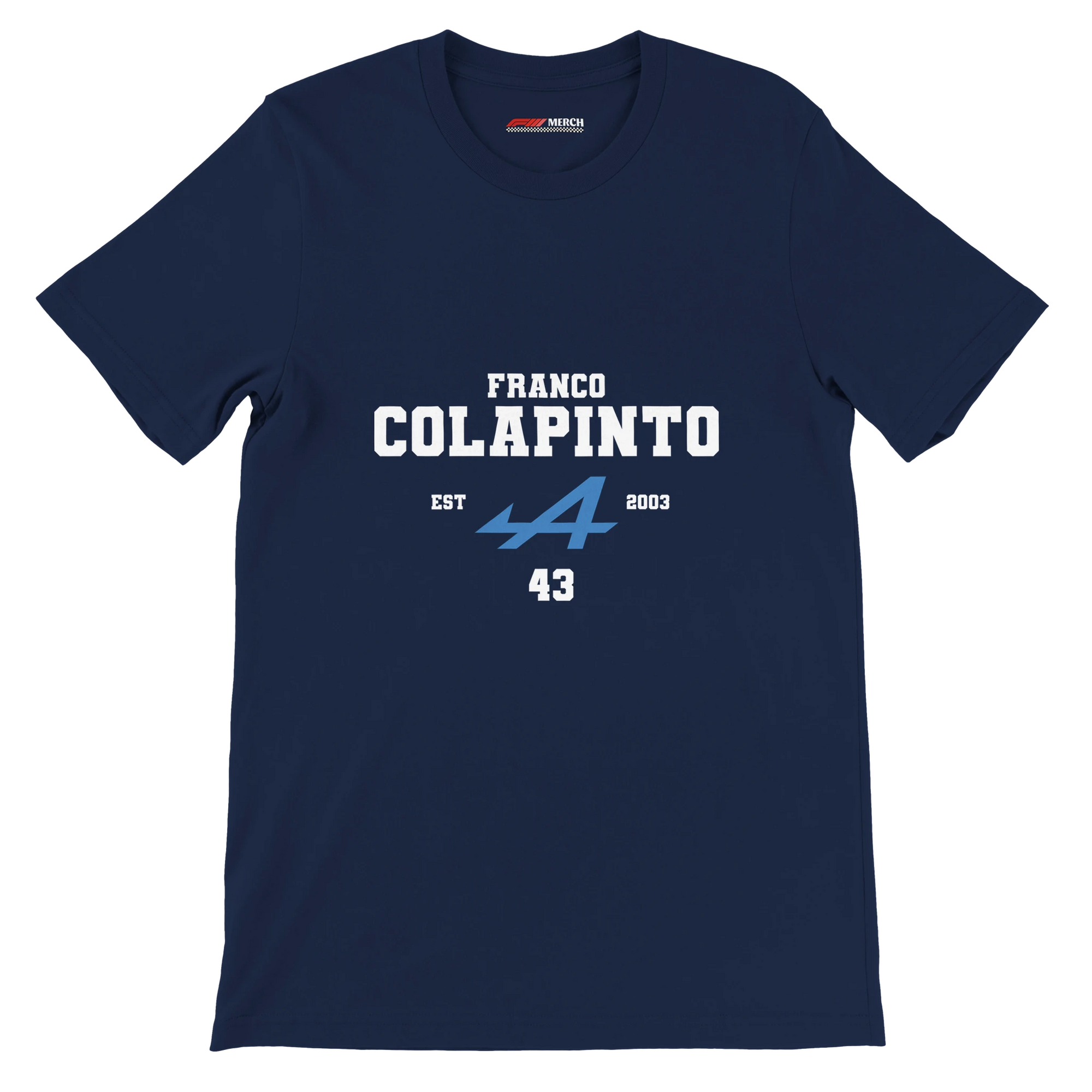 f111 merch navy color t-shirt with colapinto branding.