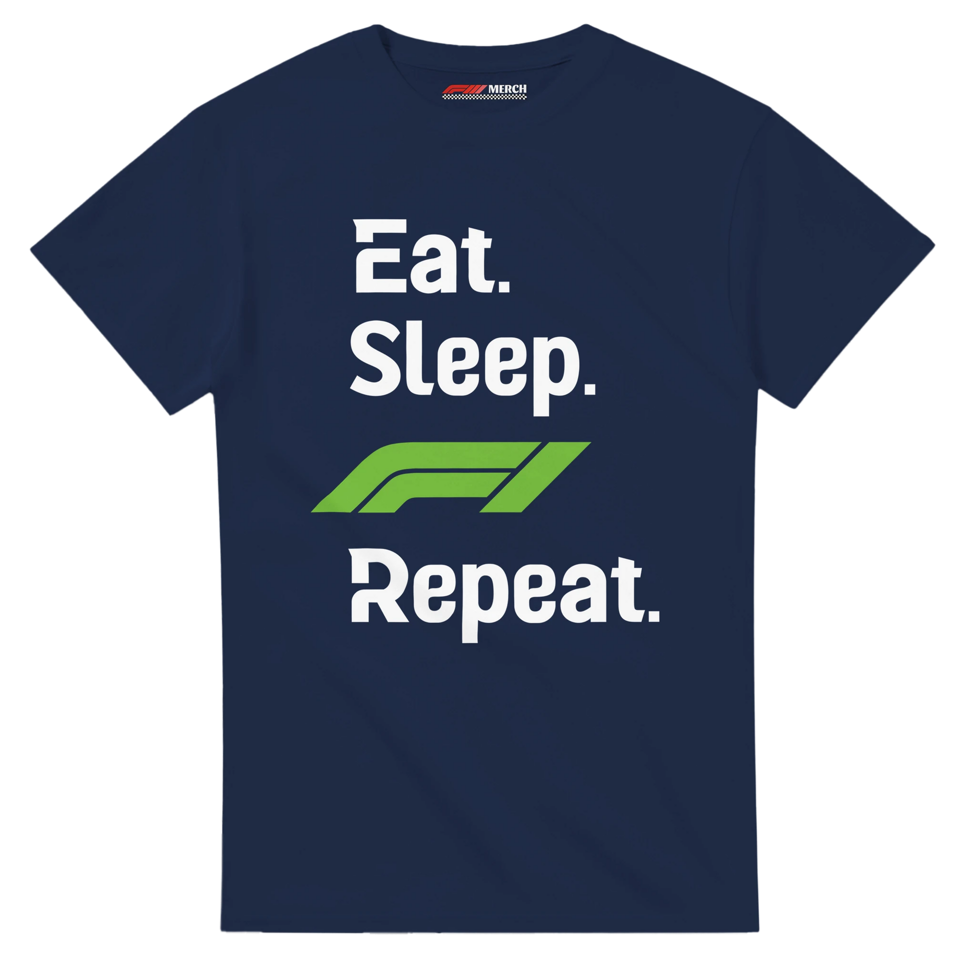 f111 merch navy color t-shirt with eat-sleep-f1-repeat-green branding.