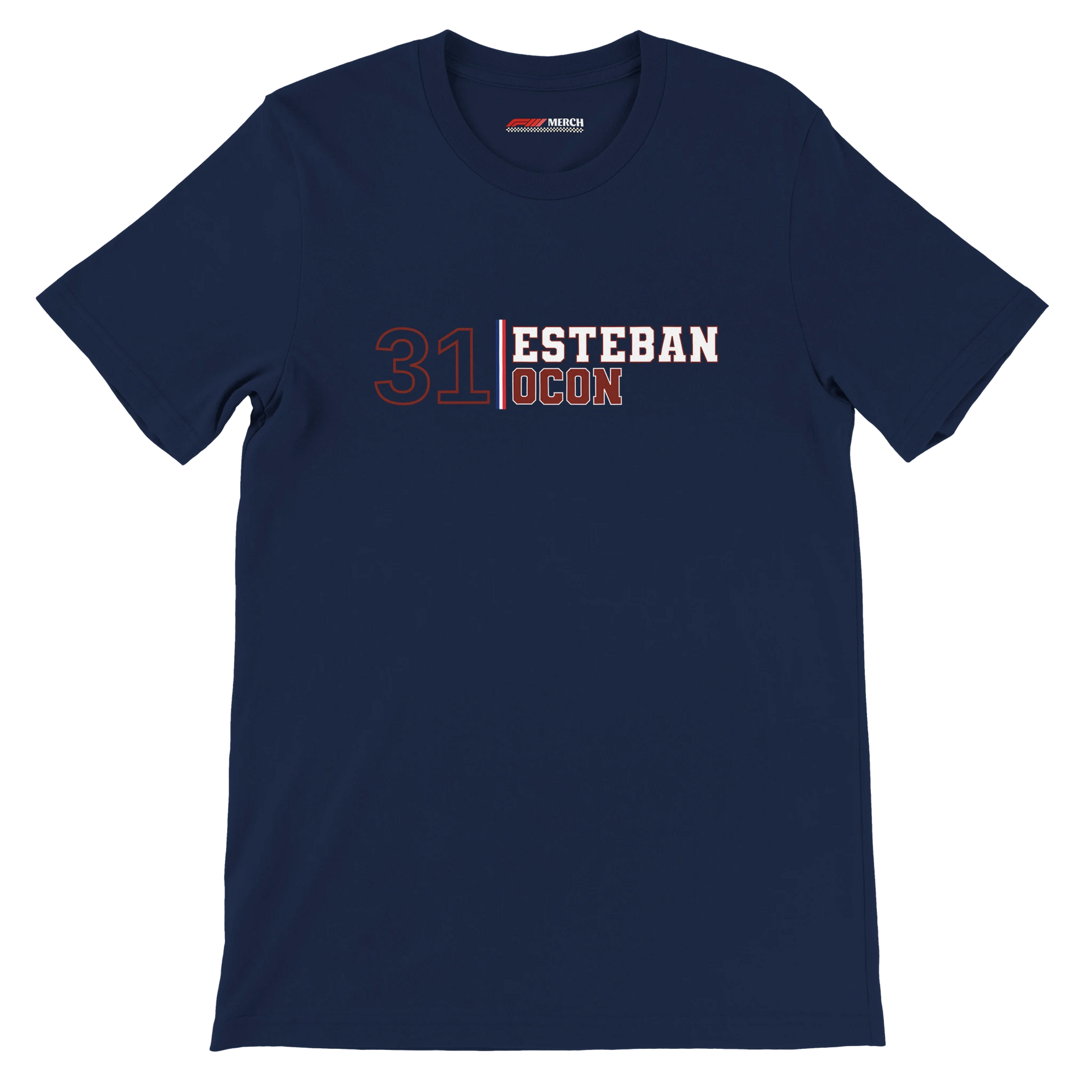 f111 merch navy color t-shirt with esteban-ocon branding.