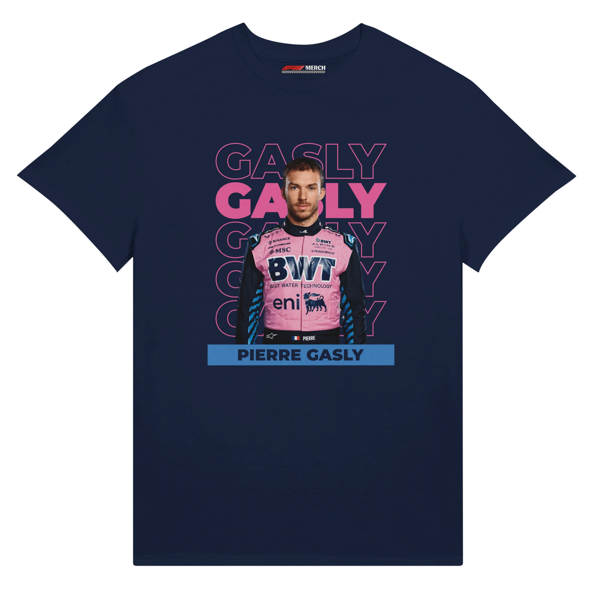 f111 merch navy color t-shirt with gasly branding.