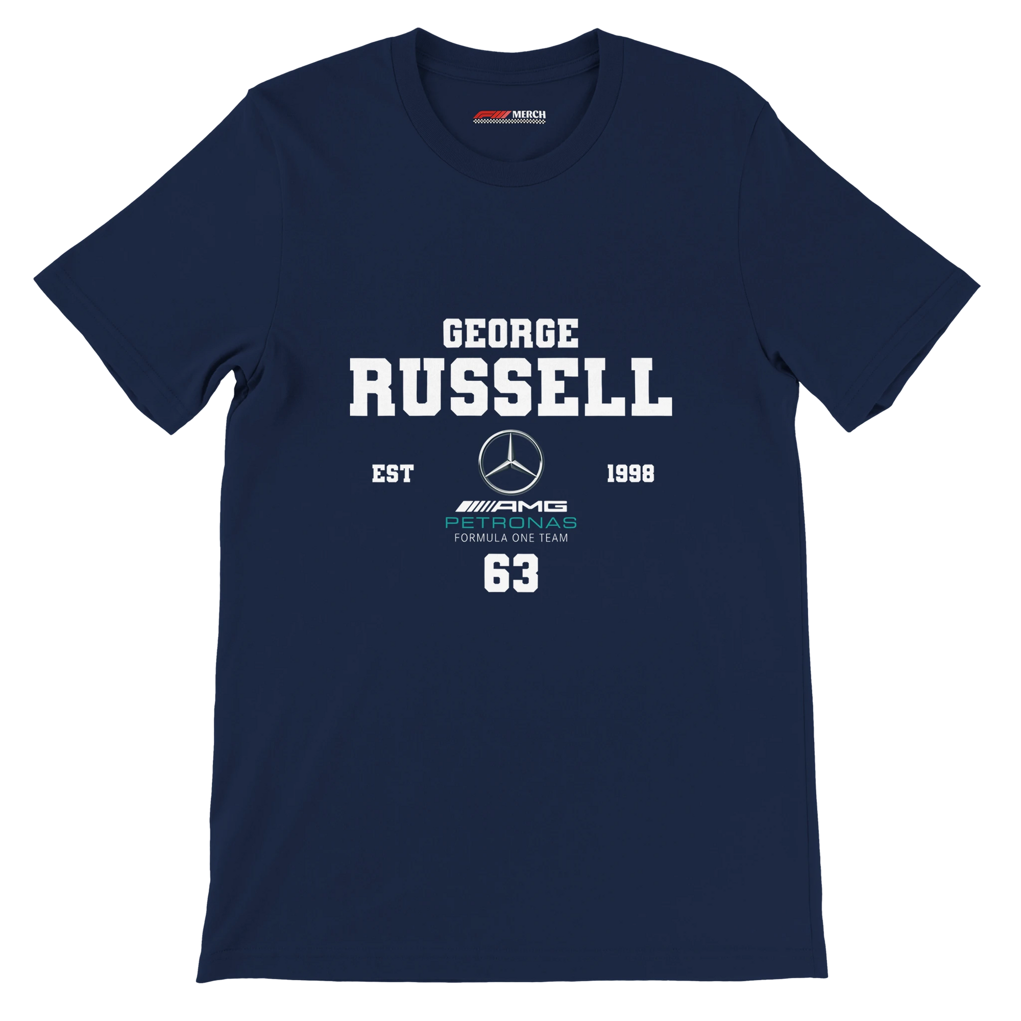 f111 merch navy color t-shirt with george-russell branding.