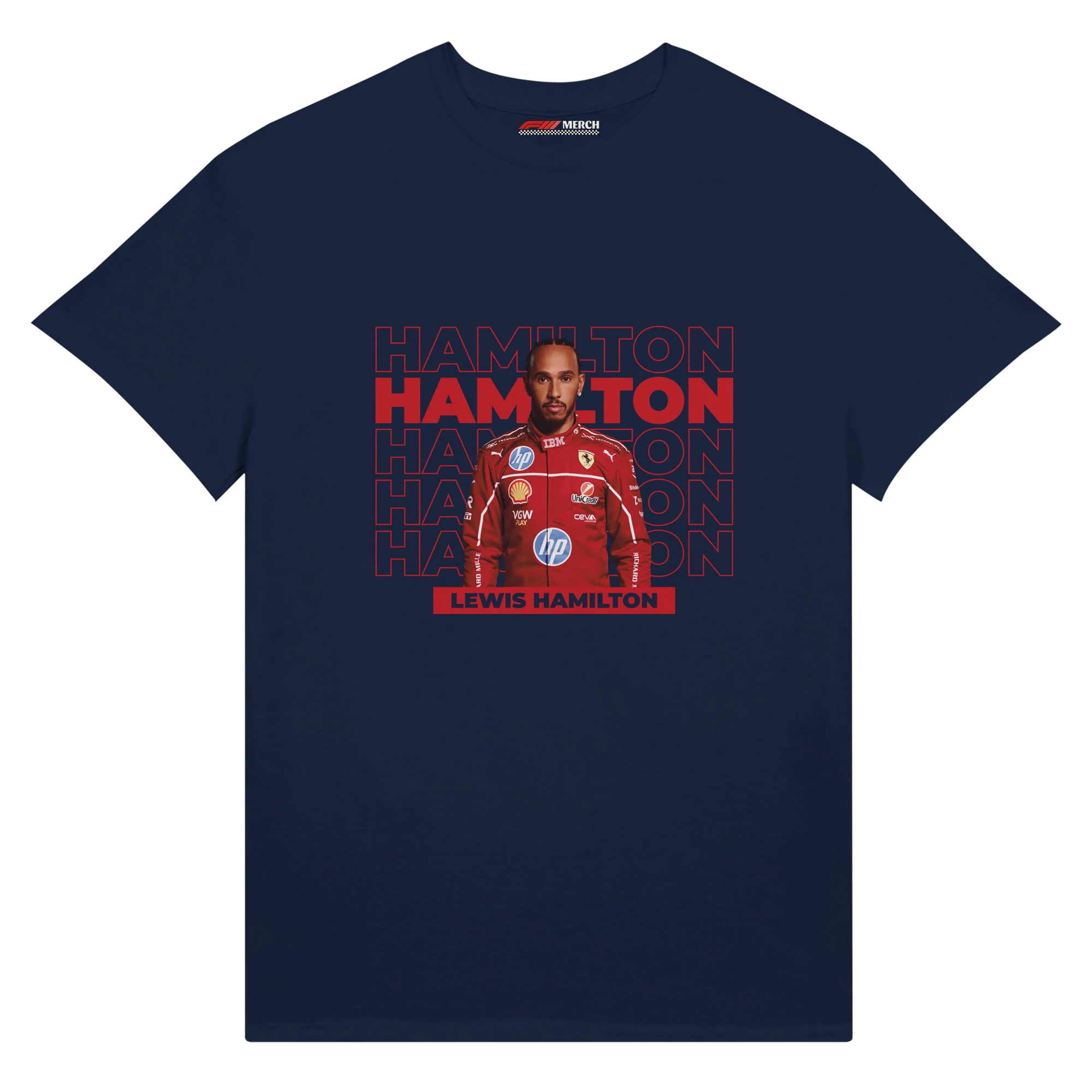f111 merch navy color t-shirt with hamilton branding.