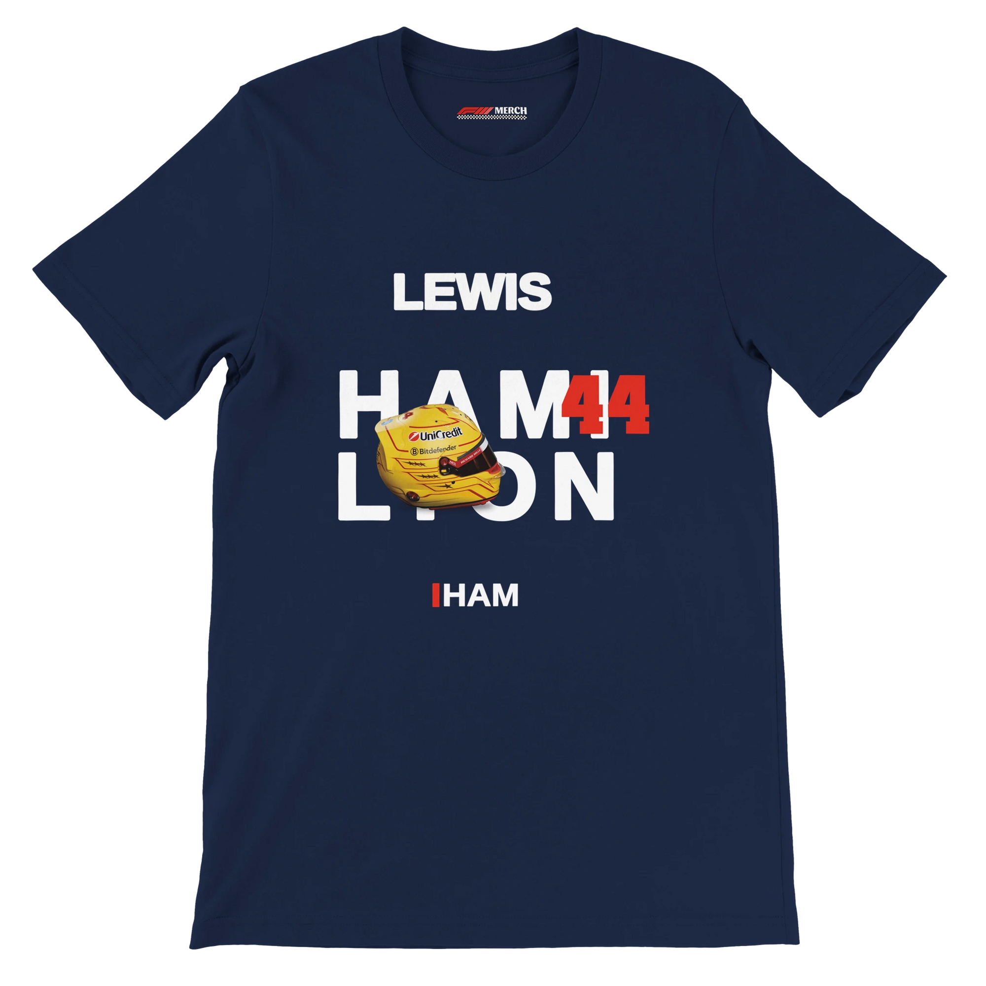 f111 merch navy color t-shirt with hamilton branding.