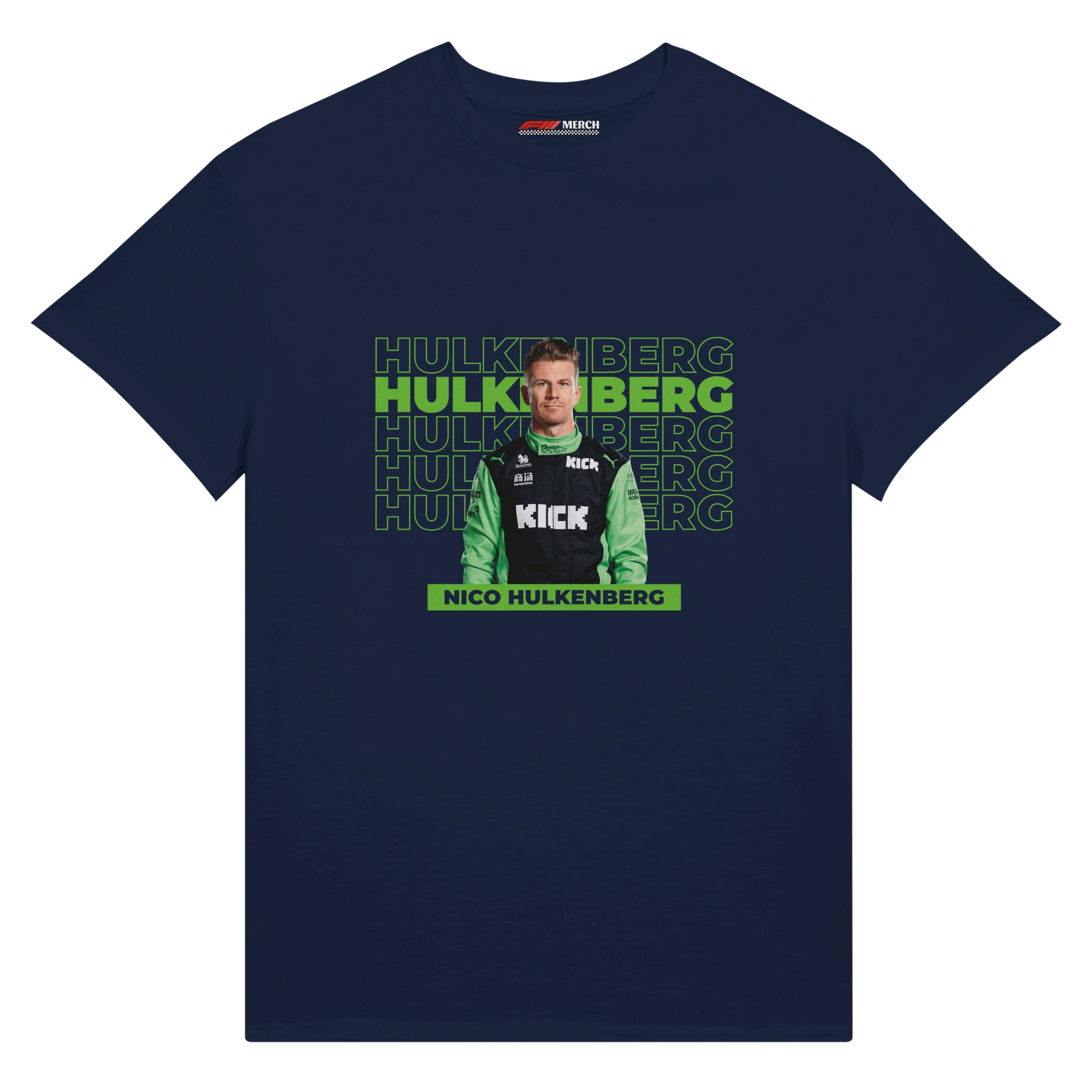 f111 merch navy color t-shirt with hulkenberg branding.