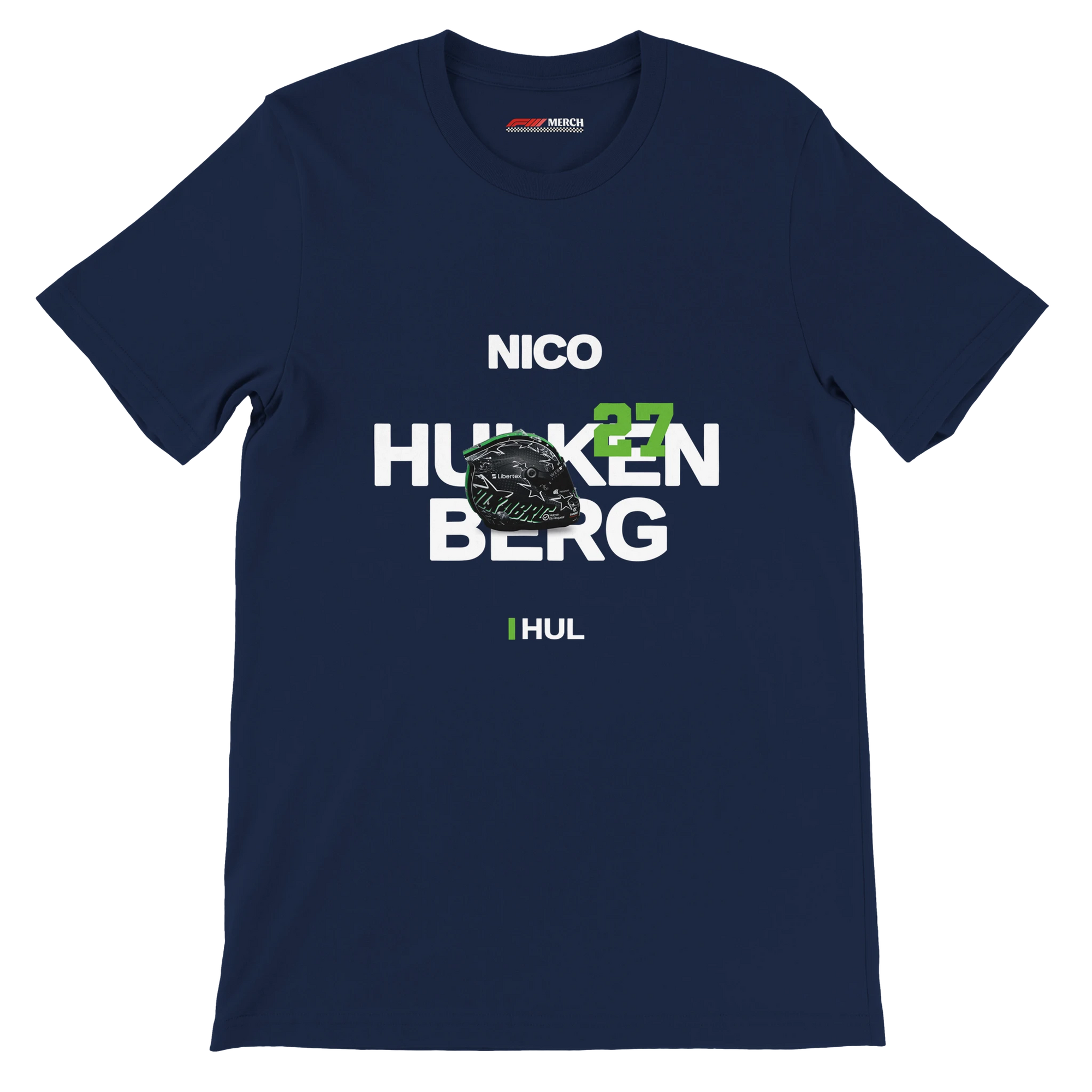 f111 merch navy color t-shirt with hulkenberg branding.