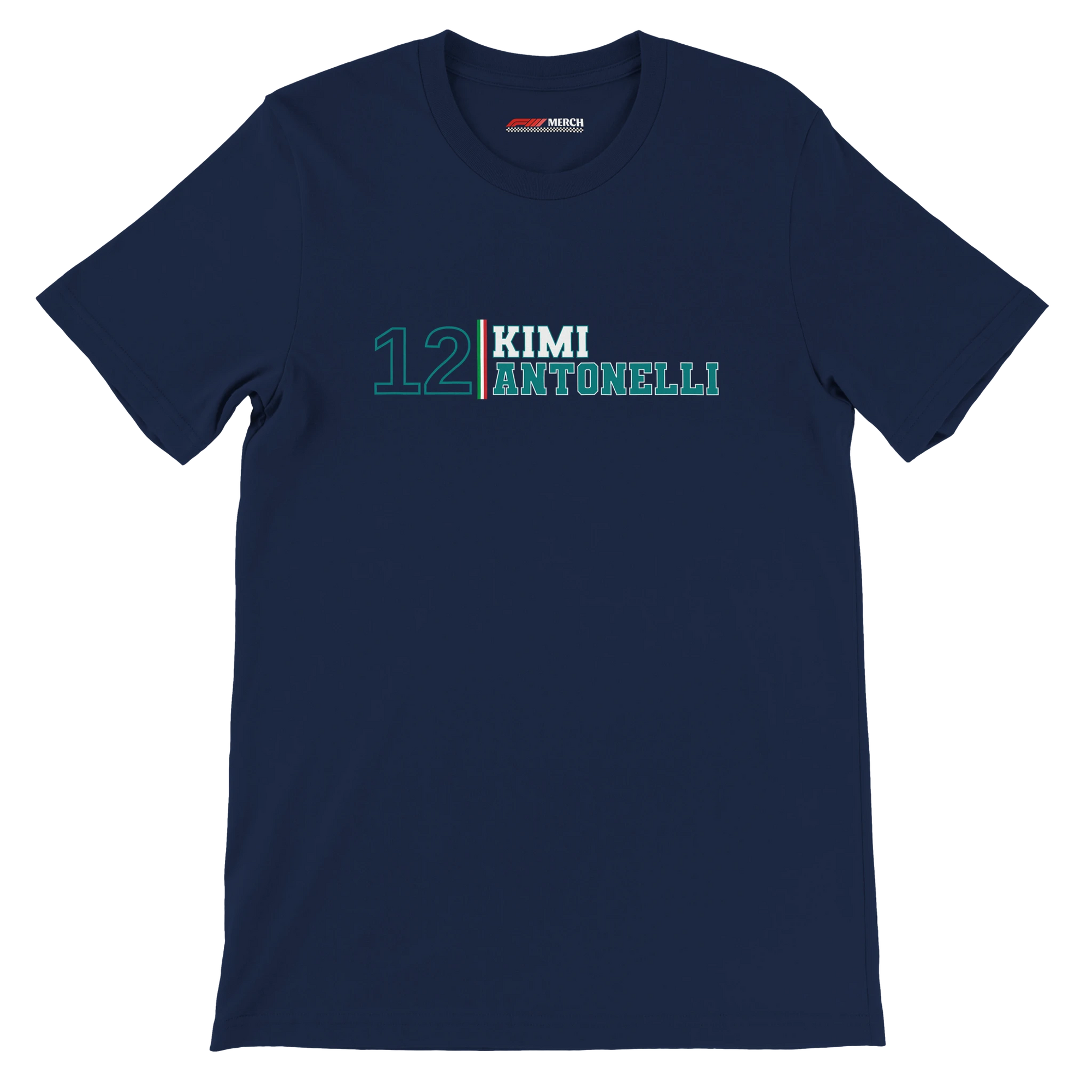 f111 merch navy color t-shirt with kimi-antonelli branding.