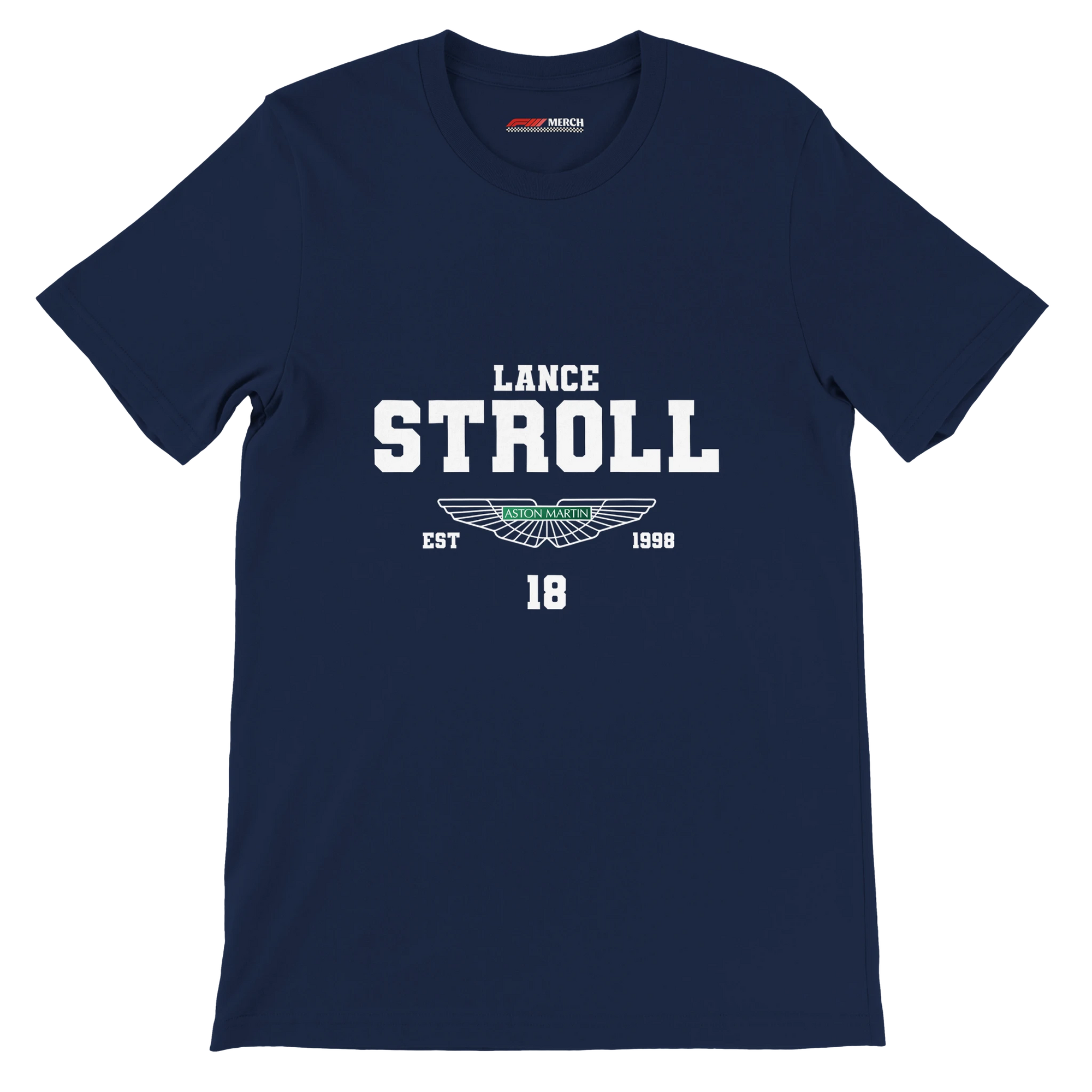 f111 merch navy color t-shirt with lance-stroll branding.