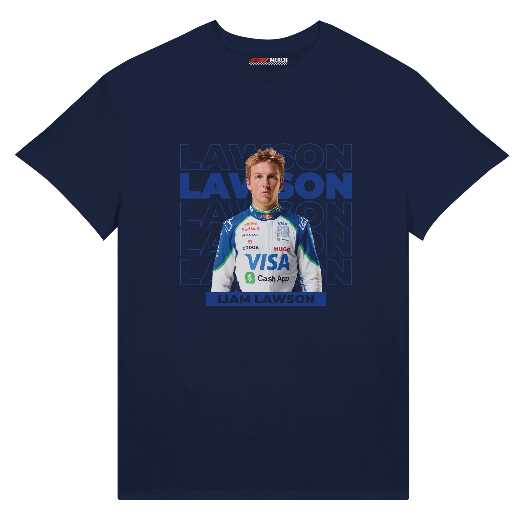 f111 merch navy color t-shirt with lawson branding.