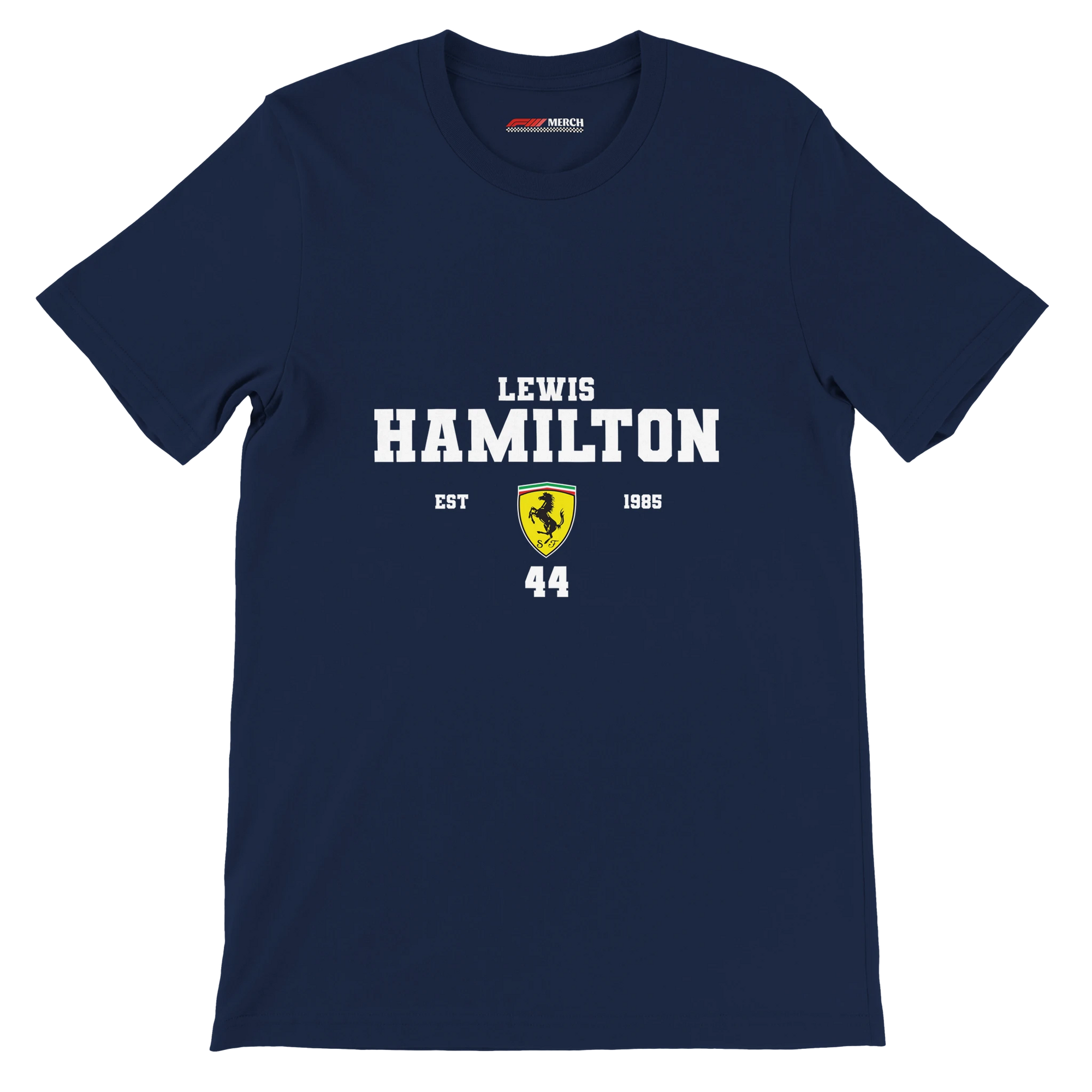 f111 merch navy color t-shirt with lewis-hamilton branding.