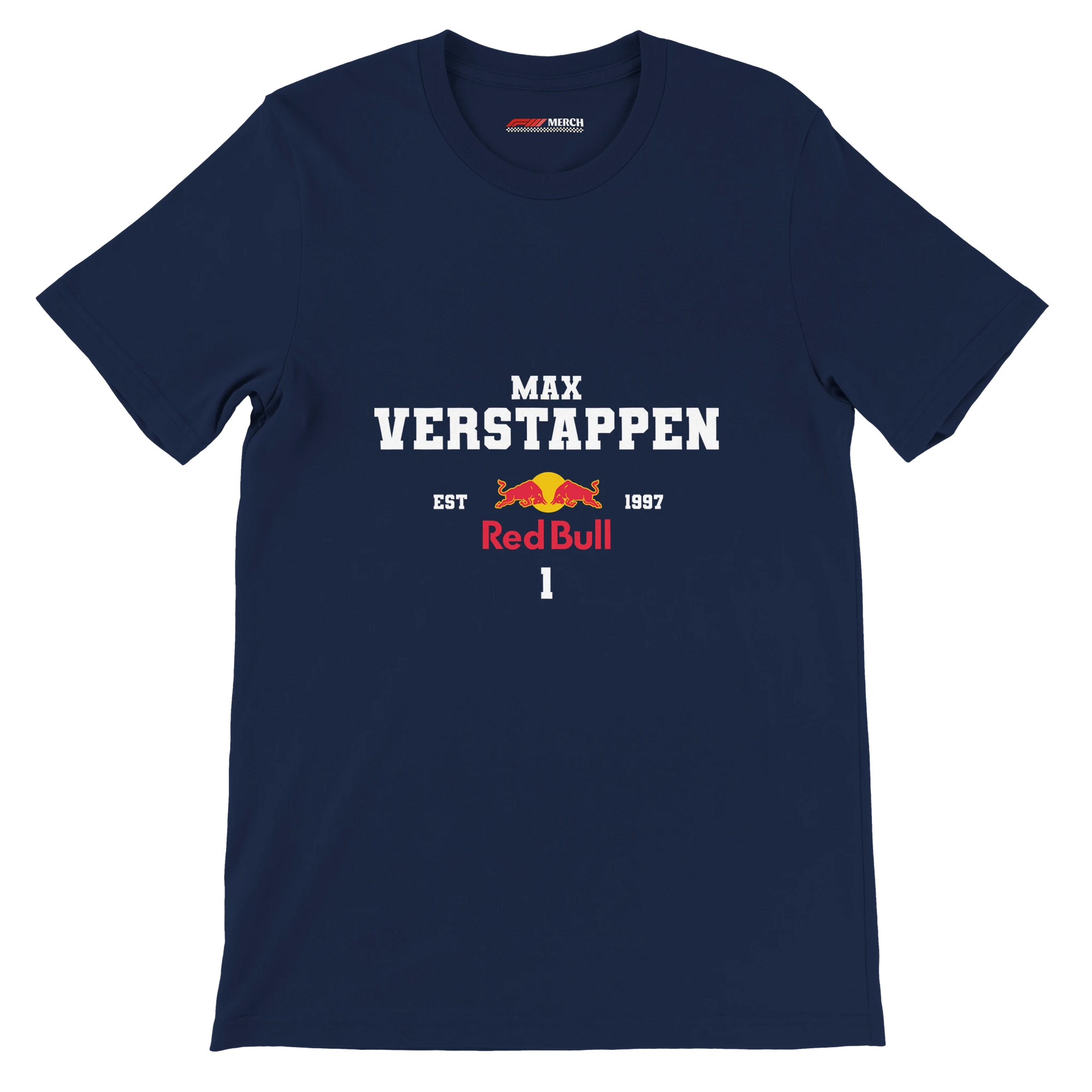 f111 merch navy color t-shirt with max-verstappen branding.