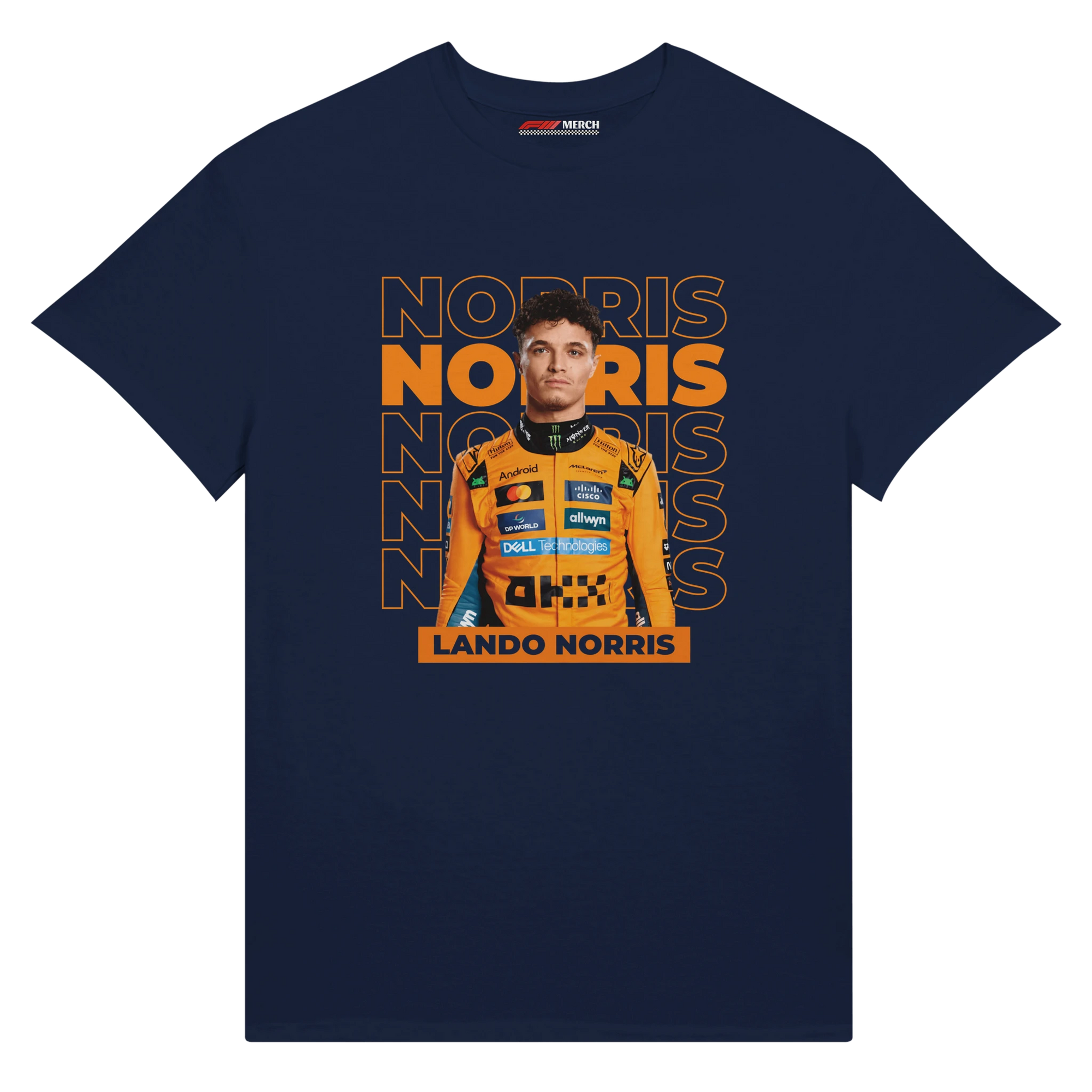 f111 merch navy color t-shirt with norris branding.