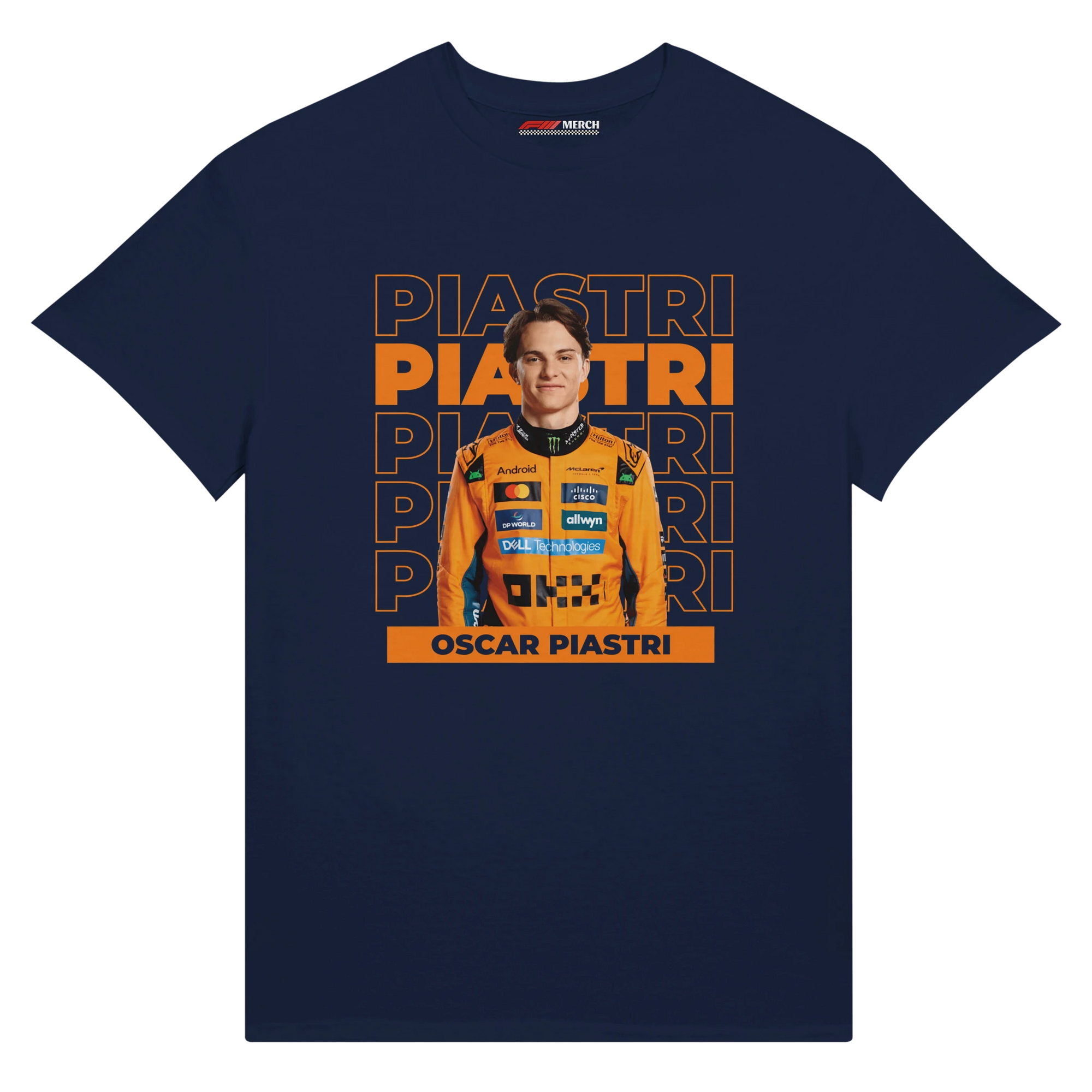 f111 merch navy color t-shirt with piastri branding.
