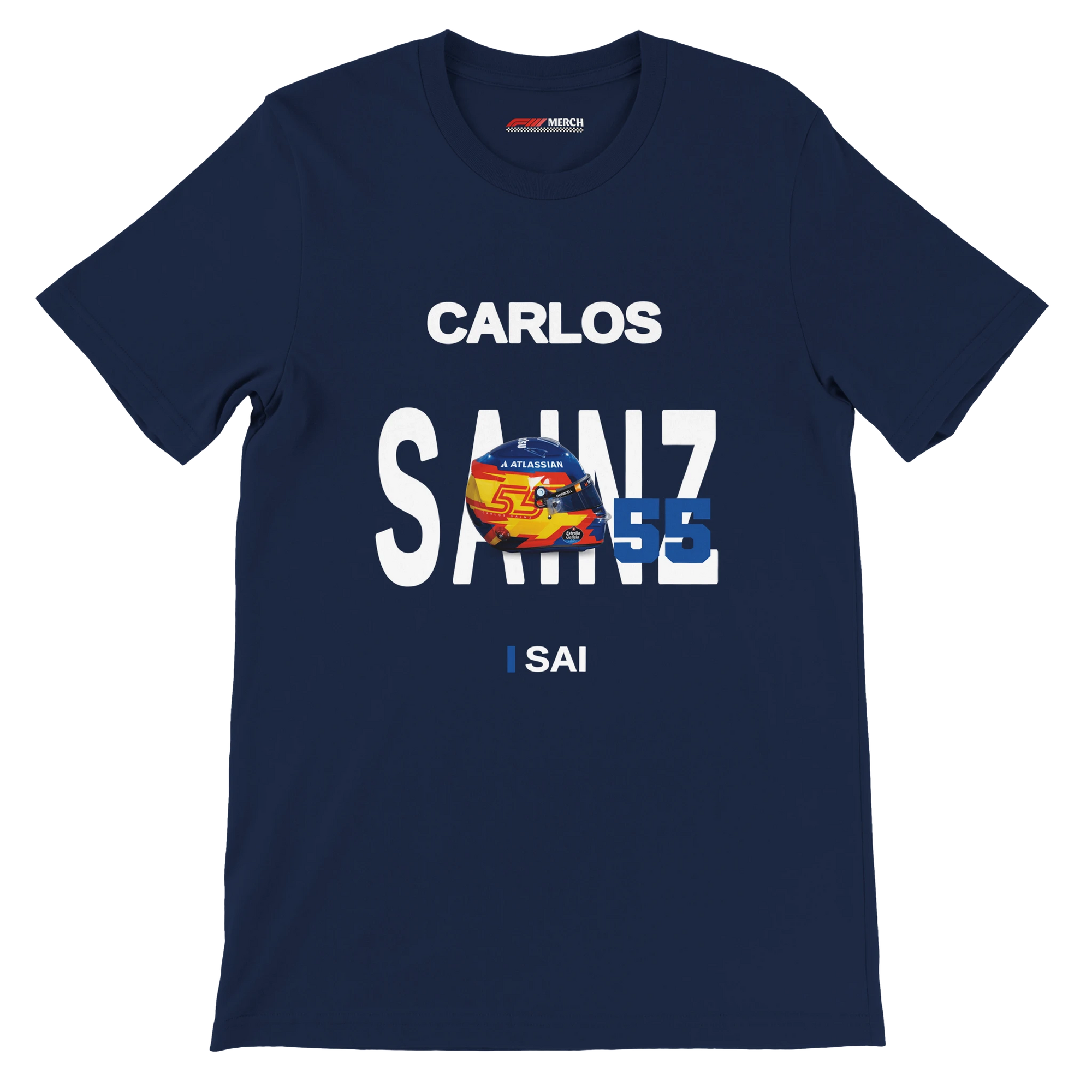 f111 merch navy color t-shirt with sainz branding.