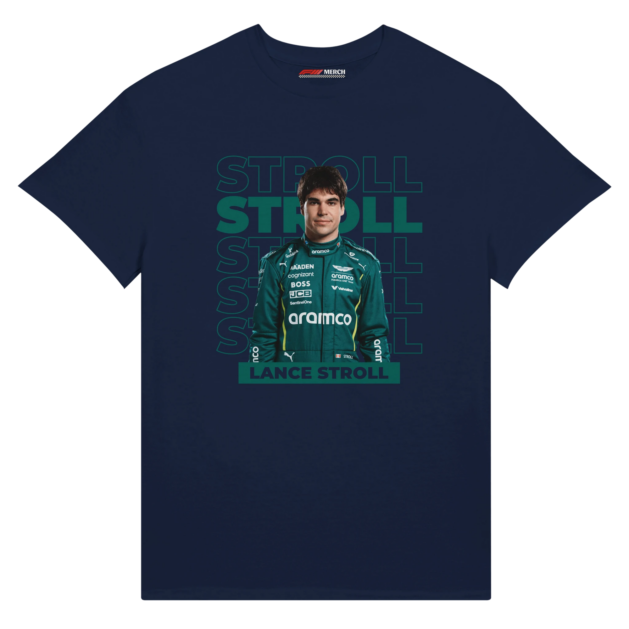 f111 merch navy color t-shirt with stroll branding.