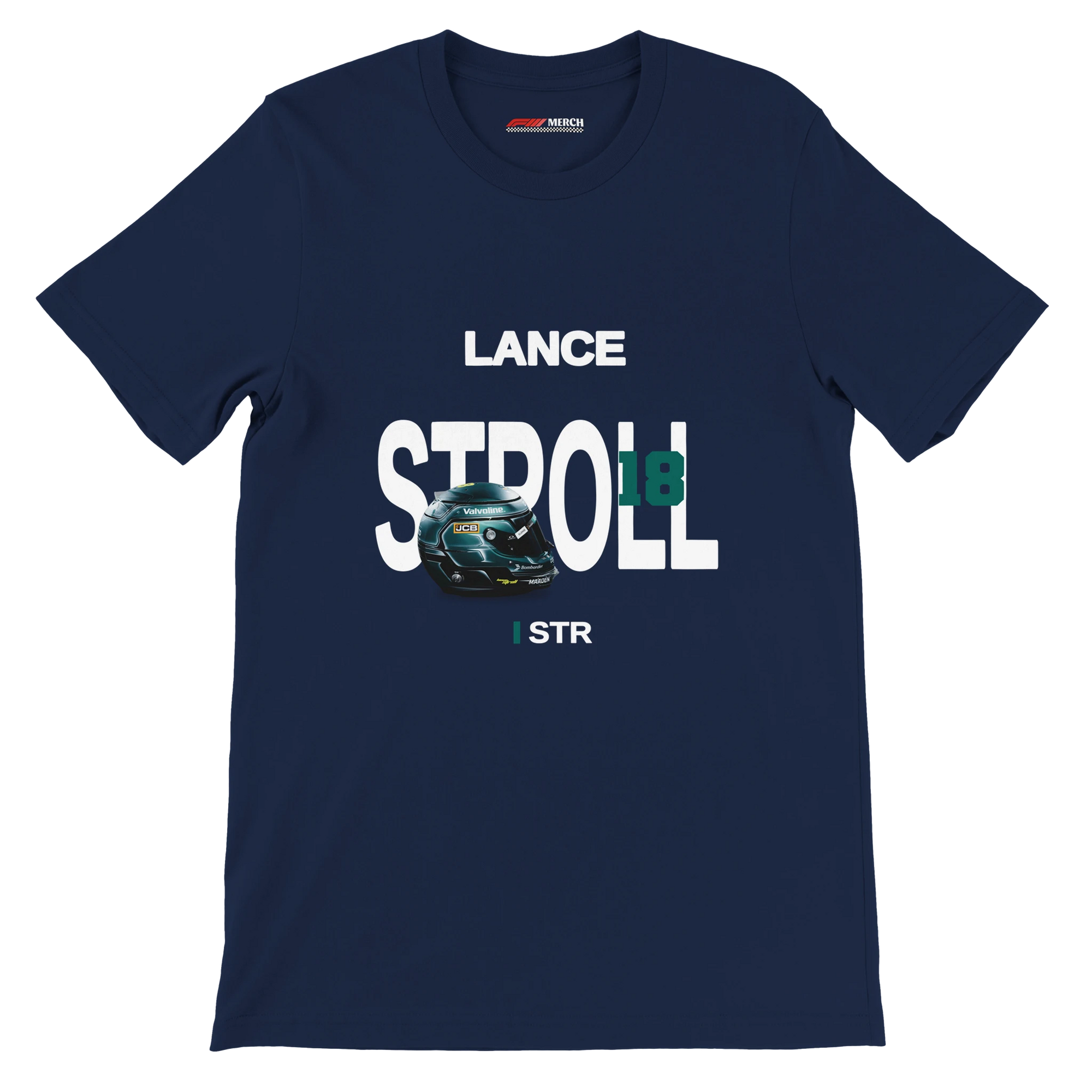 f111 merch navy color t-shirt with stroll branding.