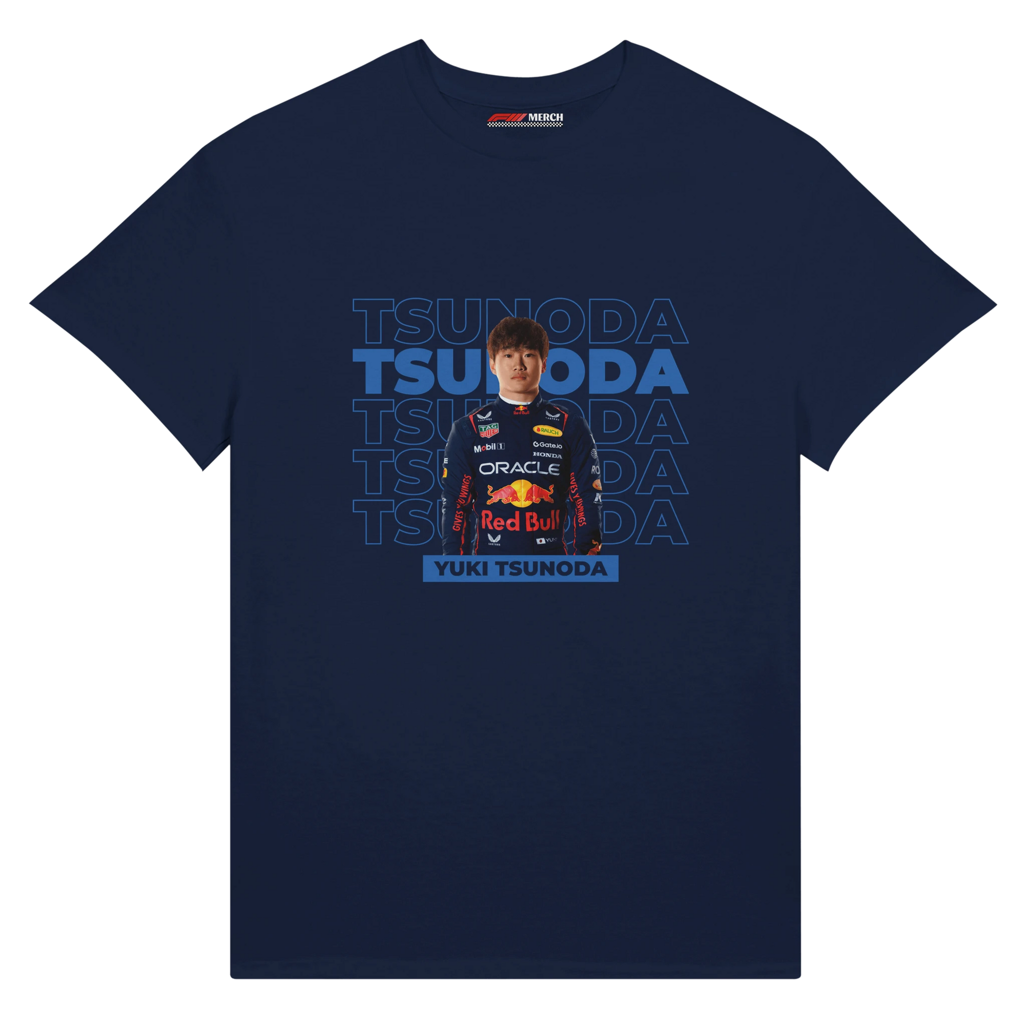 f111 merch navy color t-shirt with tsunoda branding.