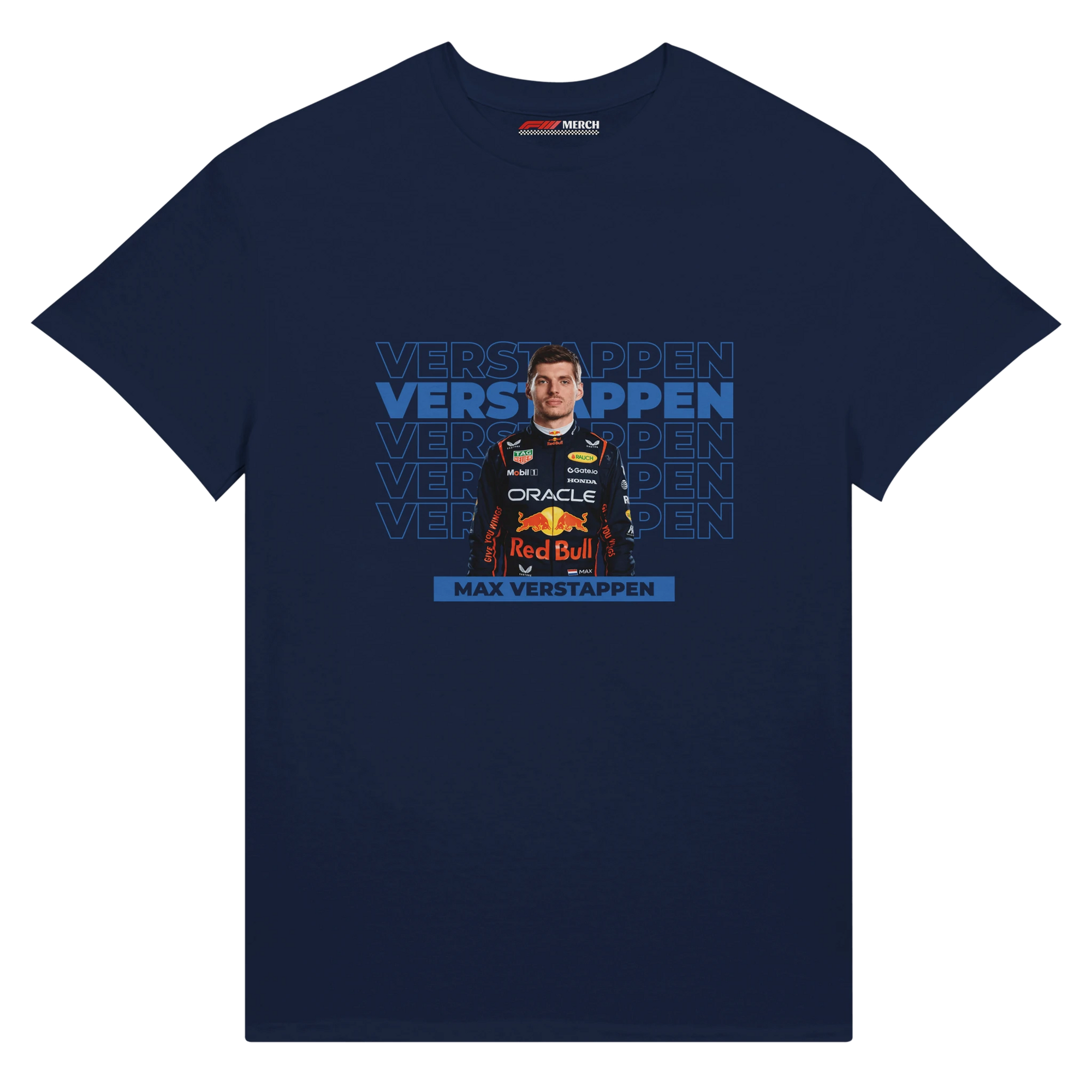 f111 merch navy color t-shirt with verstappen branding.