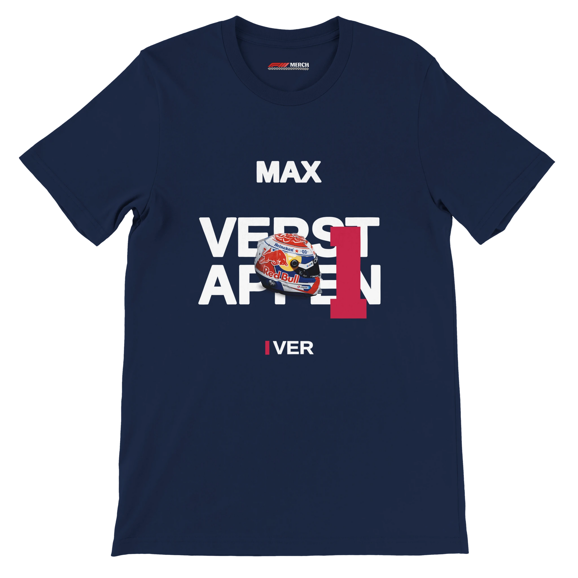 f111 merch navy color t-shirt with verstappen branding.