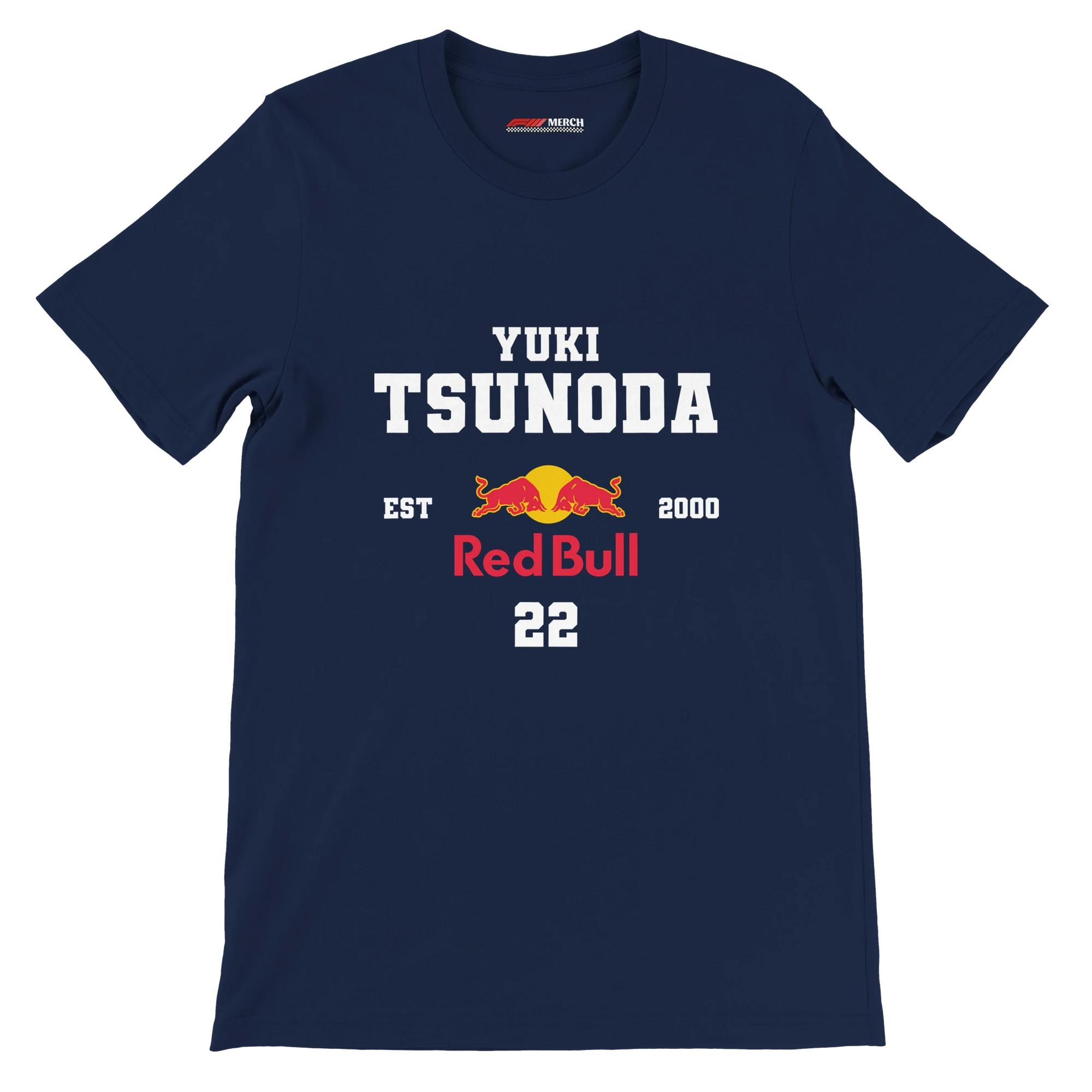 f111 merch navy color t-shirt with yuki-tsunoda branding.