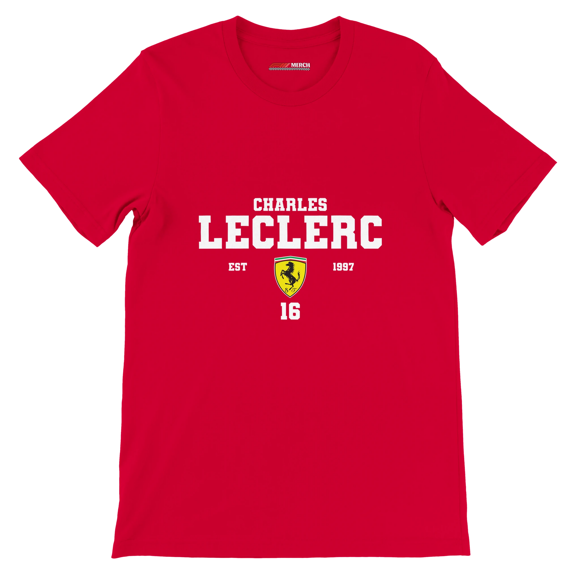 f111 merch red color t-shirt with charles-leclerc branding.