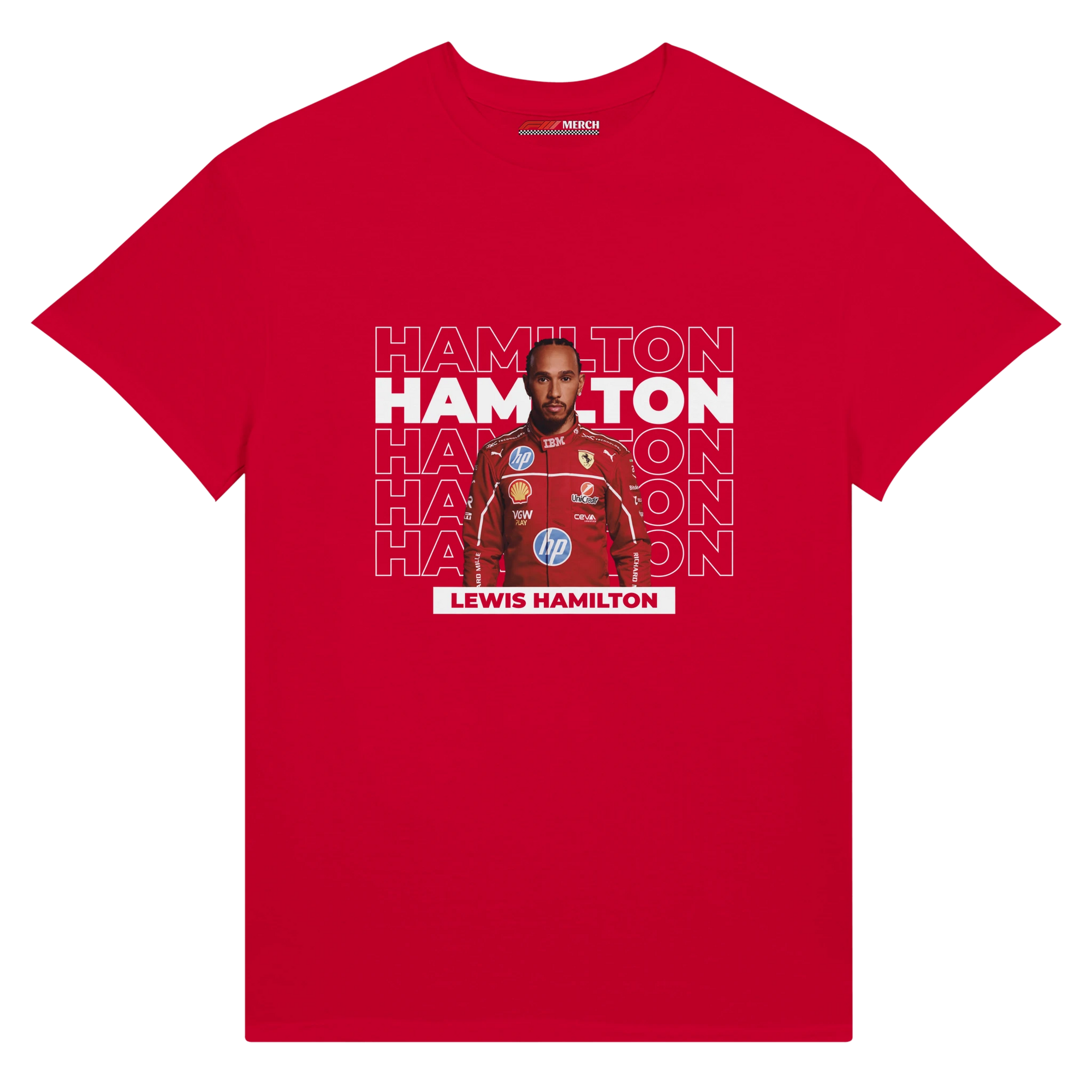 f111 merch red color t-shirt with hamilton branding.