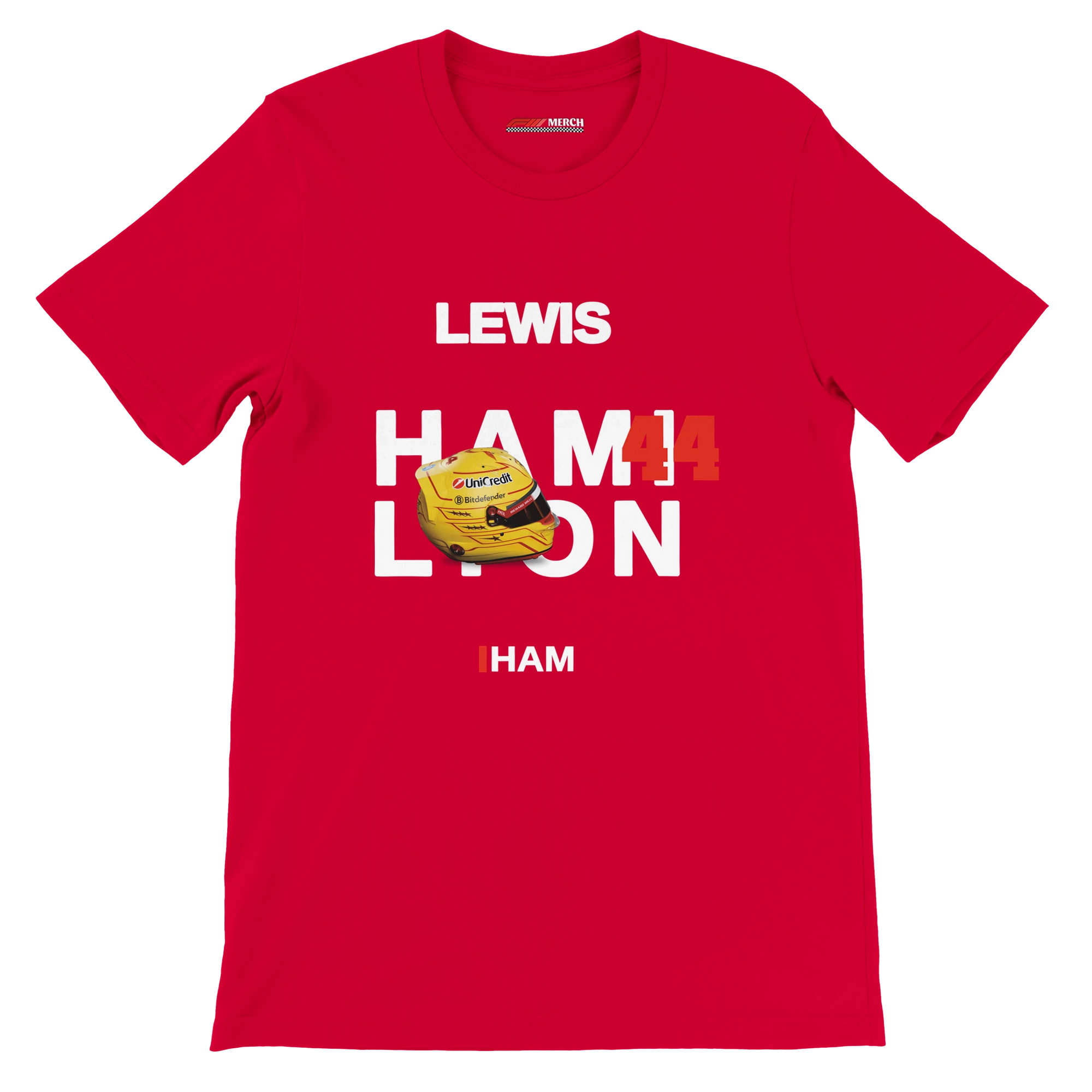 f111 merch red color t-shirt with hamilton branding.