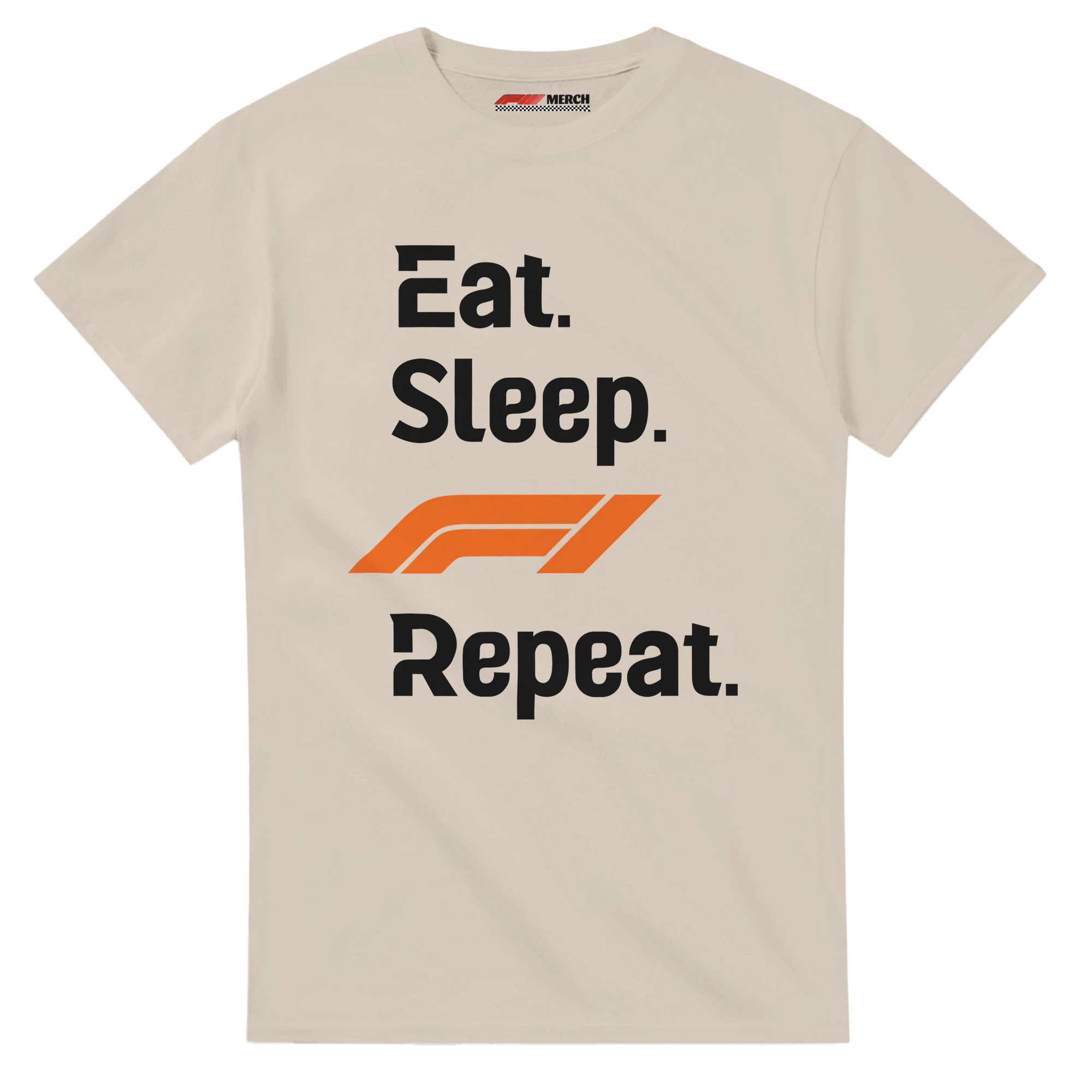 f111 merch sand color t-shirt with eat-sleep-f1-repeat-orange branding.