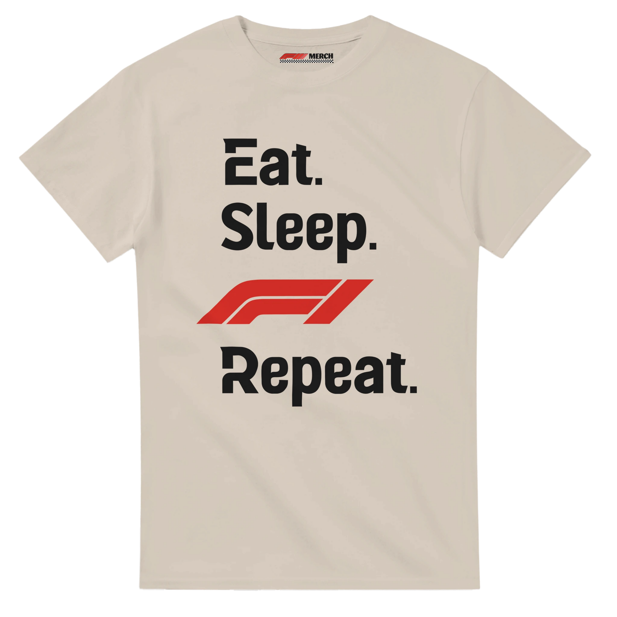 f111 merch sand color t-shirt with eat-sleep-f1-repeat-red branding.