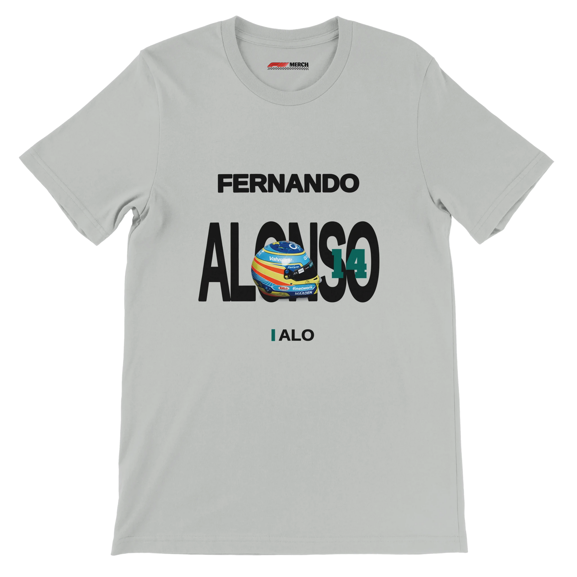 f111 merch silver color t-shirt with alonso branding.