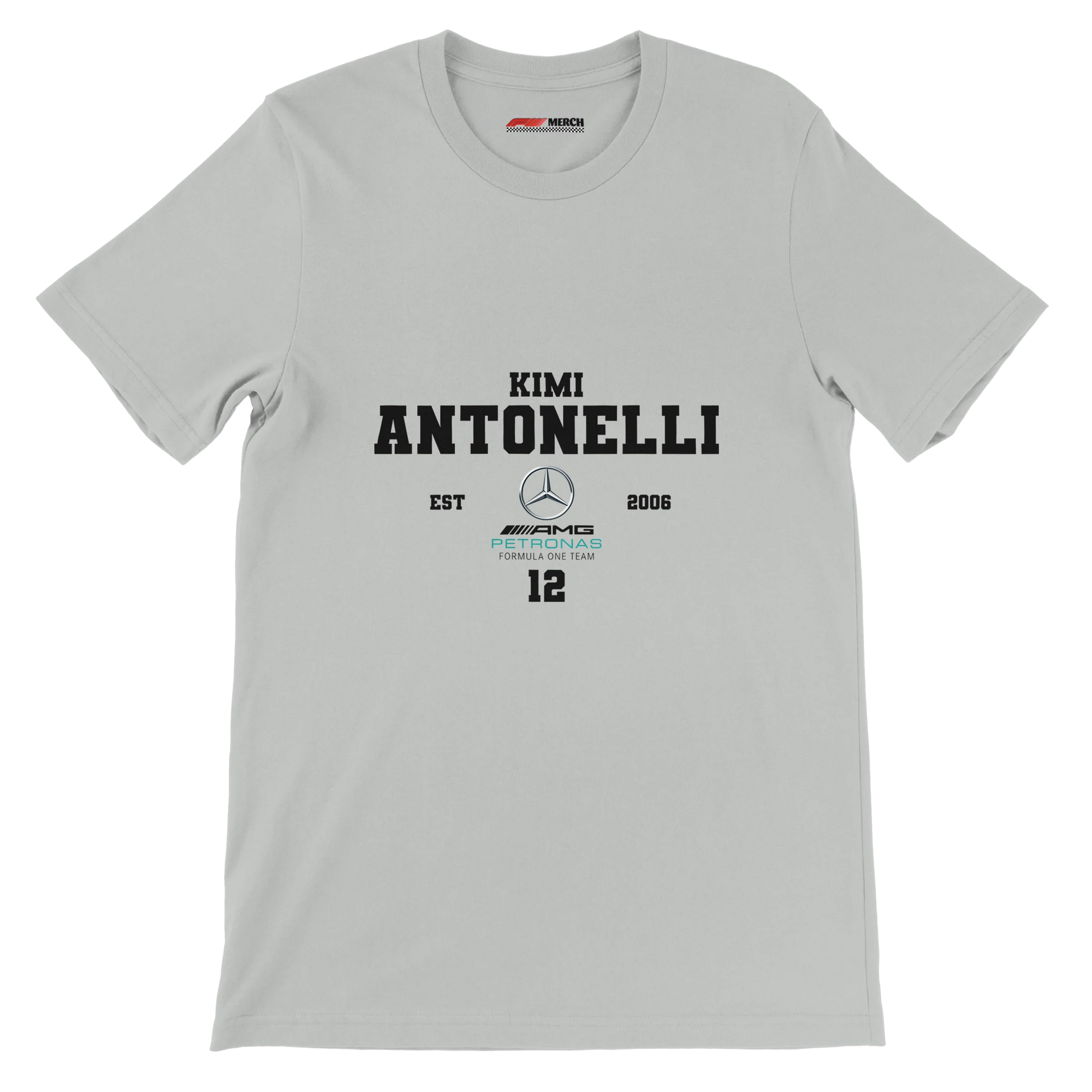 f111 merch silver color t-shirt with antonelli branding.