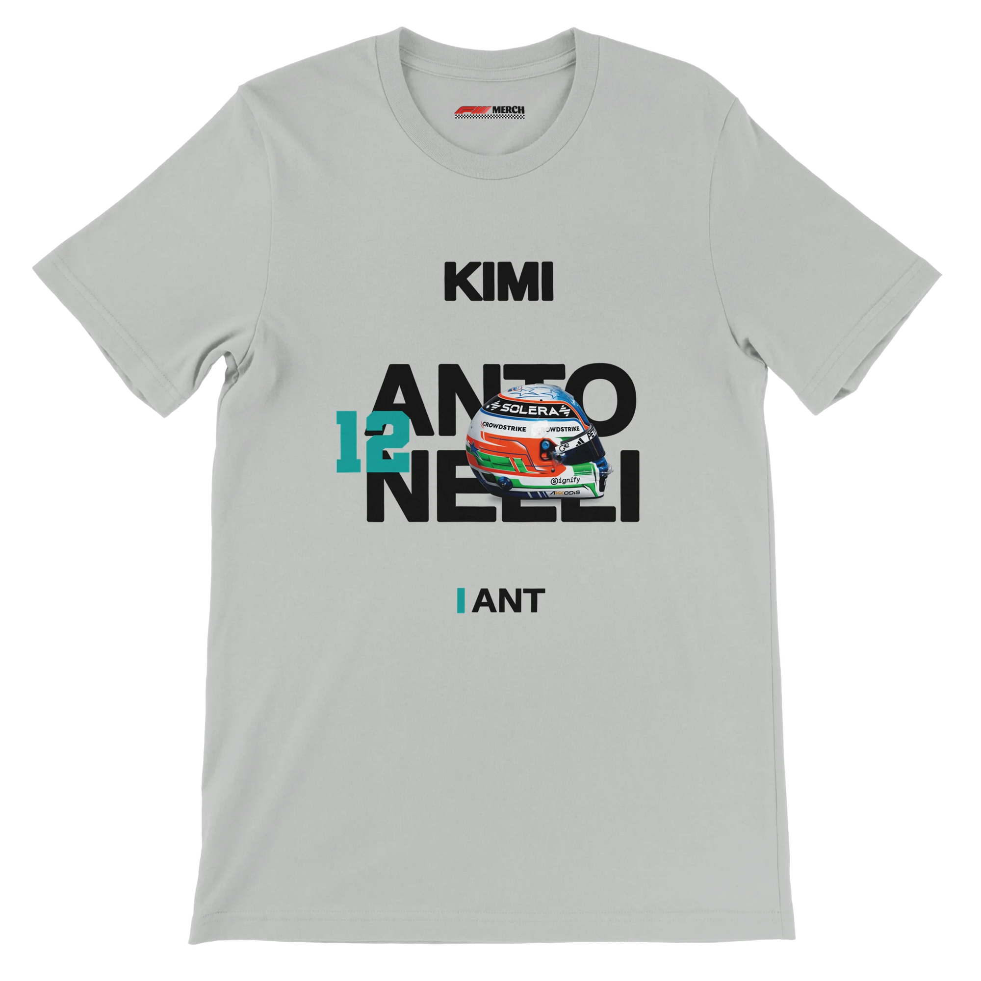 f111 merch silver color t-shirt with antonelli branding.
