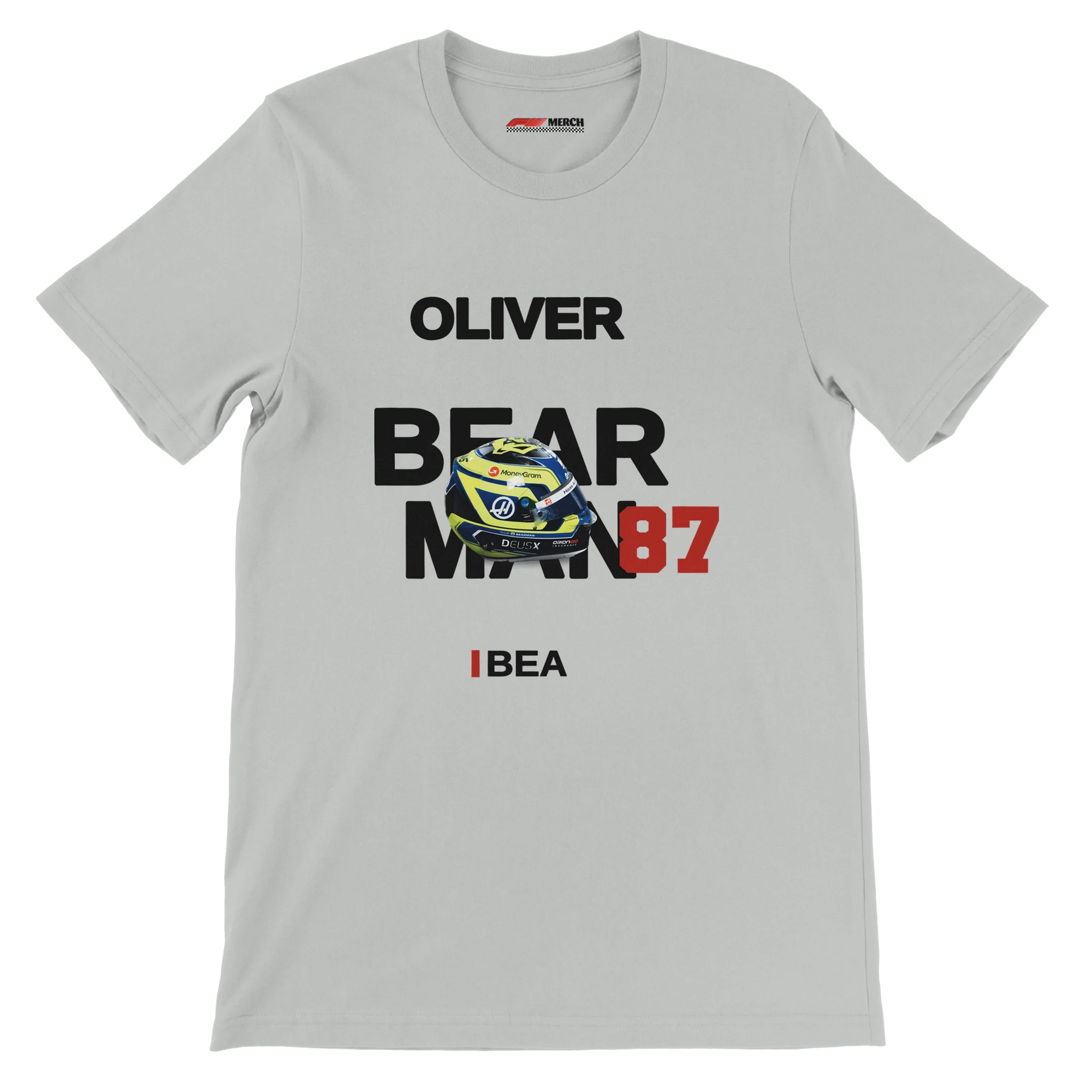 f111 merch silver color t-shirt with bearman branding.