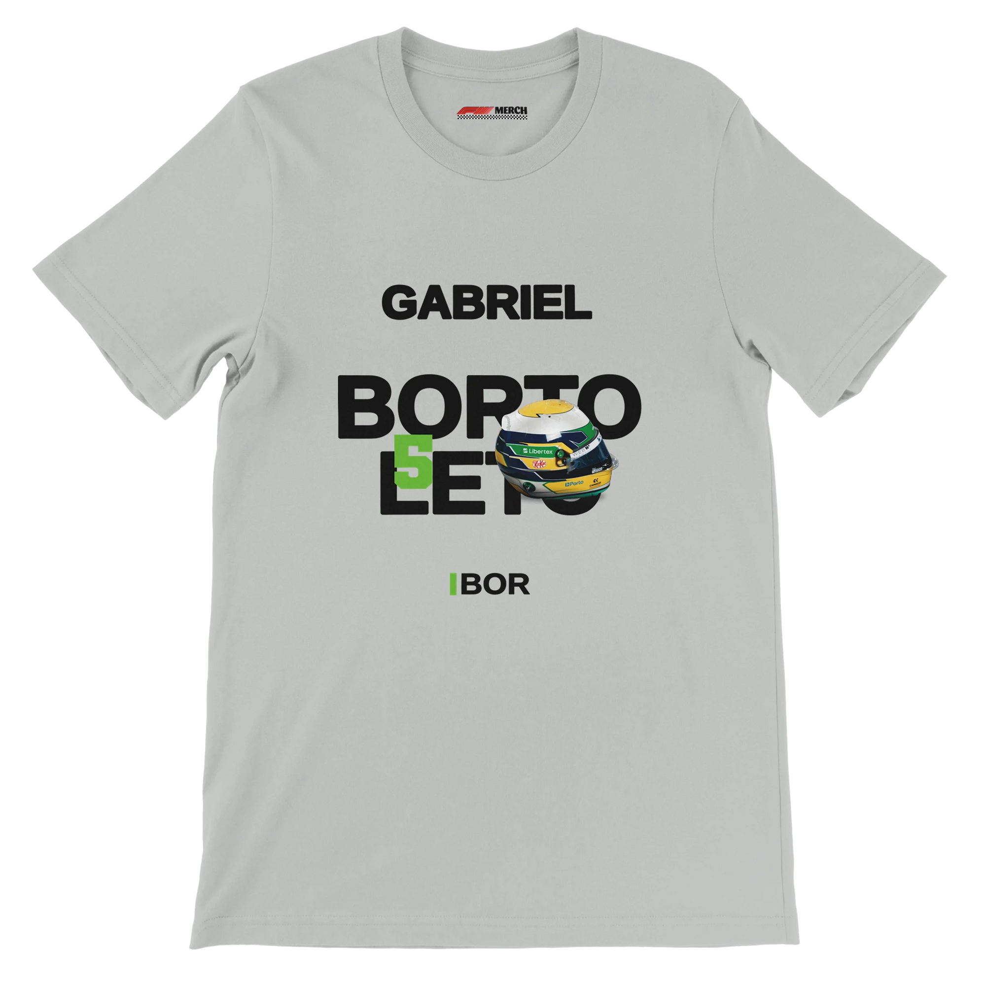 f111 merch silver color t-shirt with bortoleto branding.