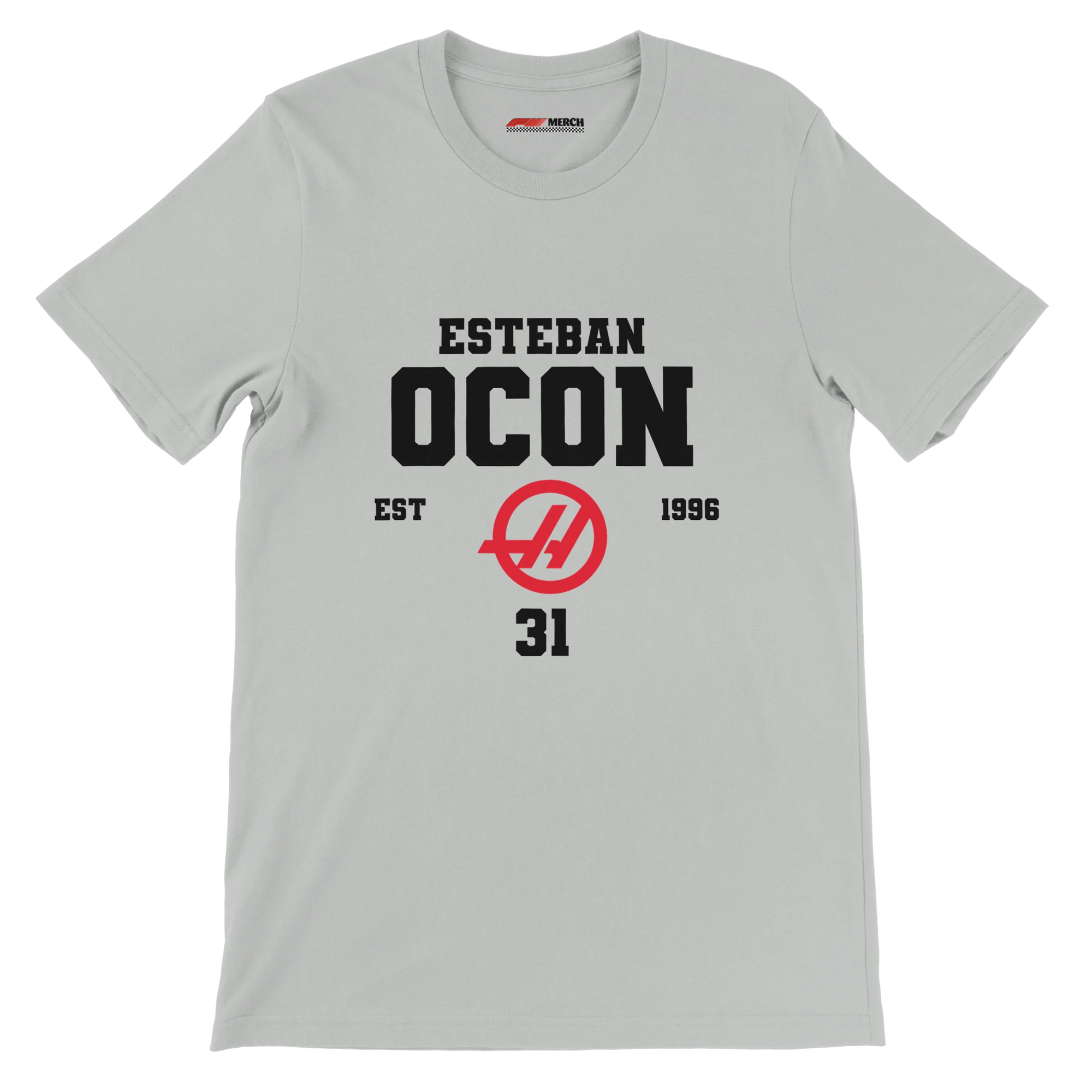f111 merch silver color t-shirt with esteban-ocon branding.