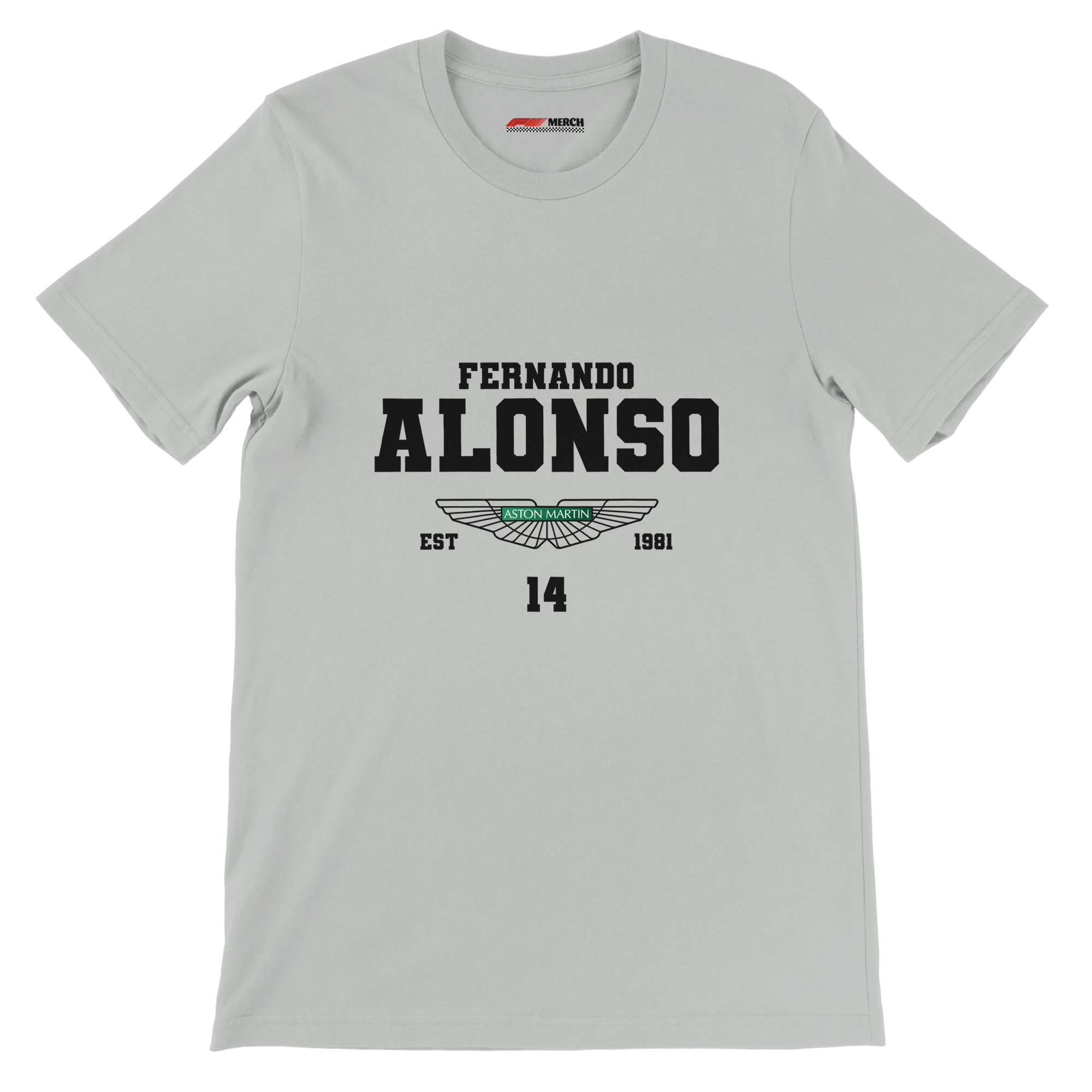f111 merch silver color t-shirt with fernando-alonso branding.