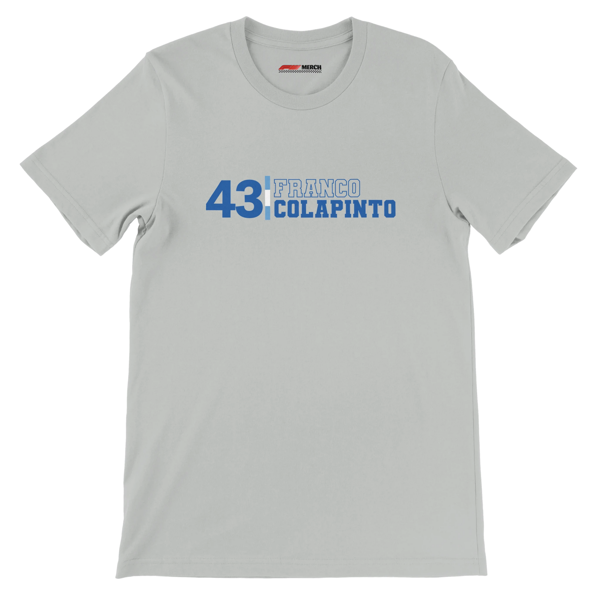 f111 merch silver color t-shirt with franco-colapinto branding.