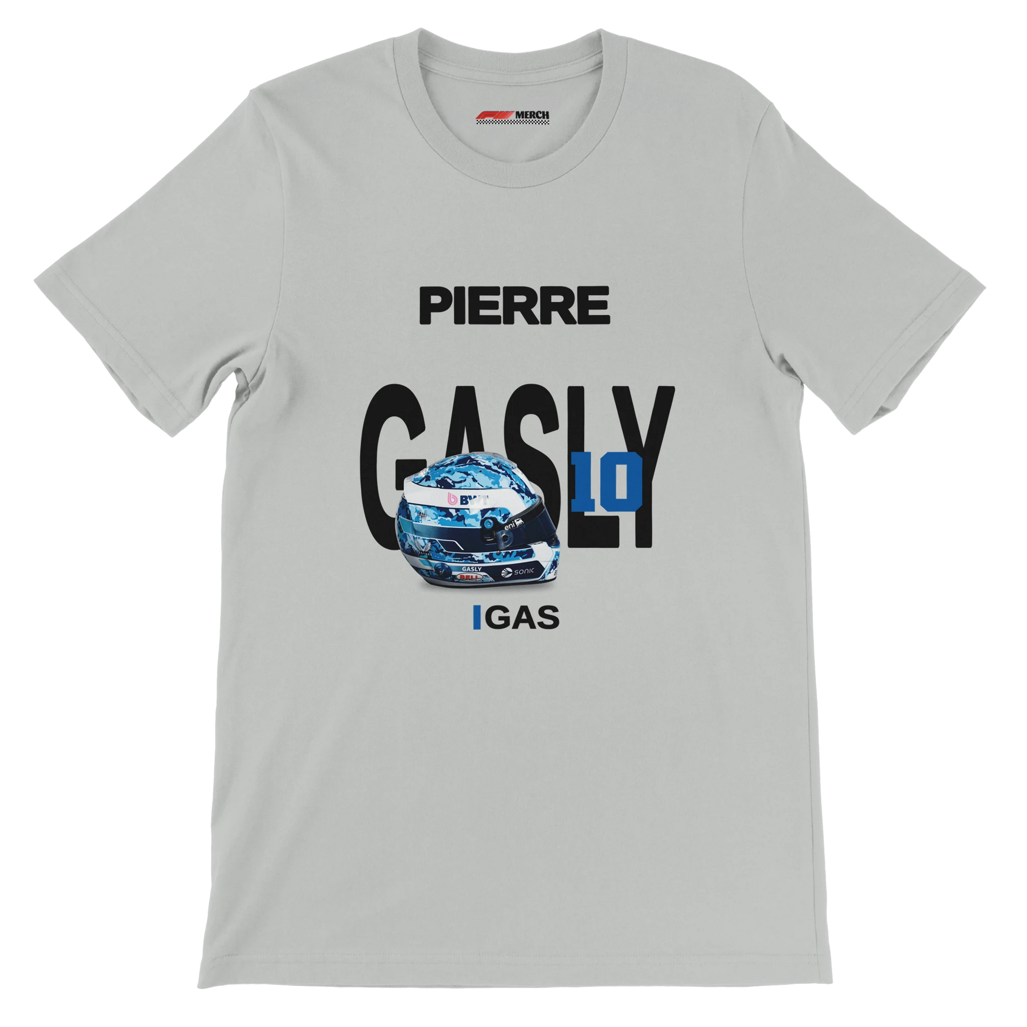 f111 merch silver color t-shirt with gasly branding.